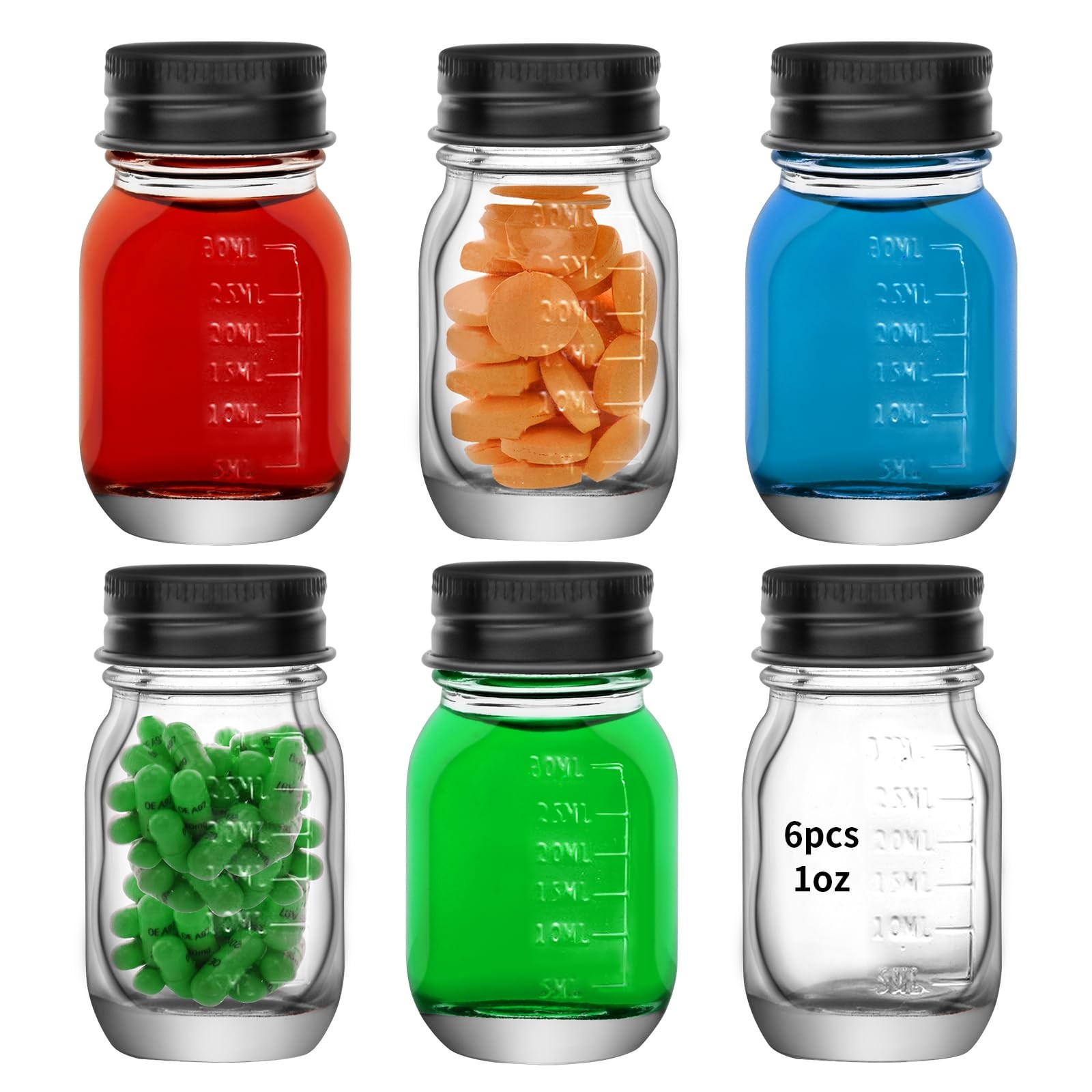 6 Pack 1oz 30ml Clear Glass Medicine Bottles with Black Screw Caps Vials