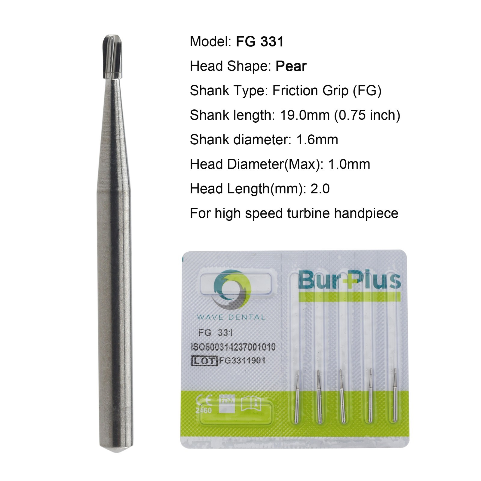 Dental Burs Carbide Pear 330 Diamond Burs Friction Grip High Speed FG 830/010C