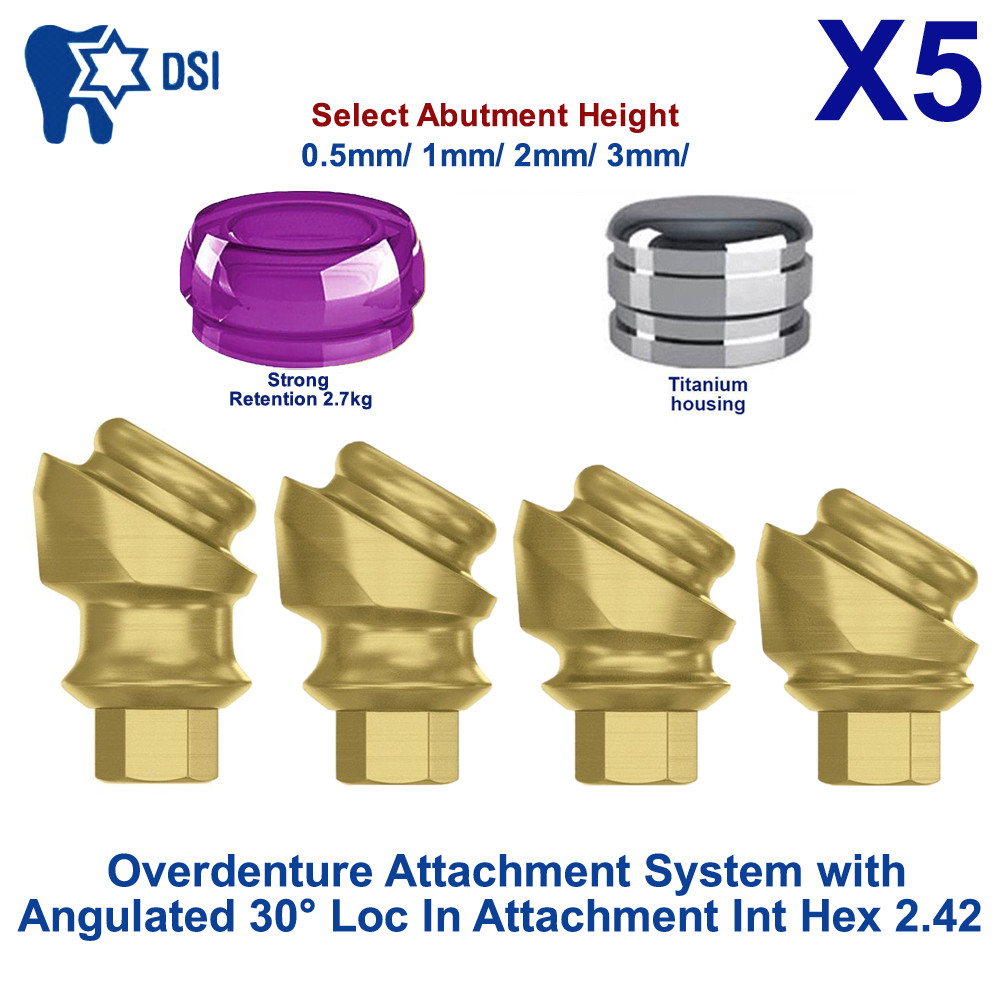 5x Set Abutment Angulated Loc-In 30° Attachment Int Hex 2.42 Strong Cap
