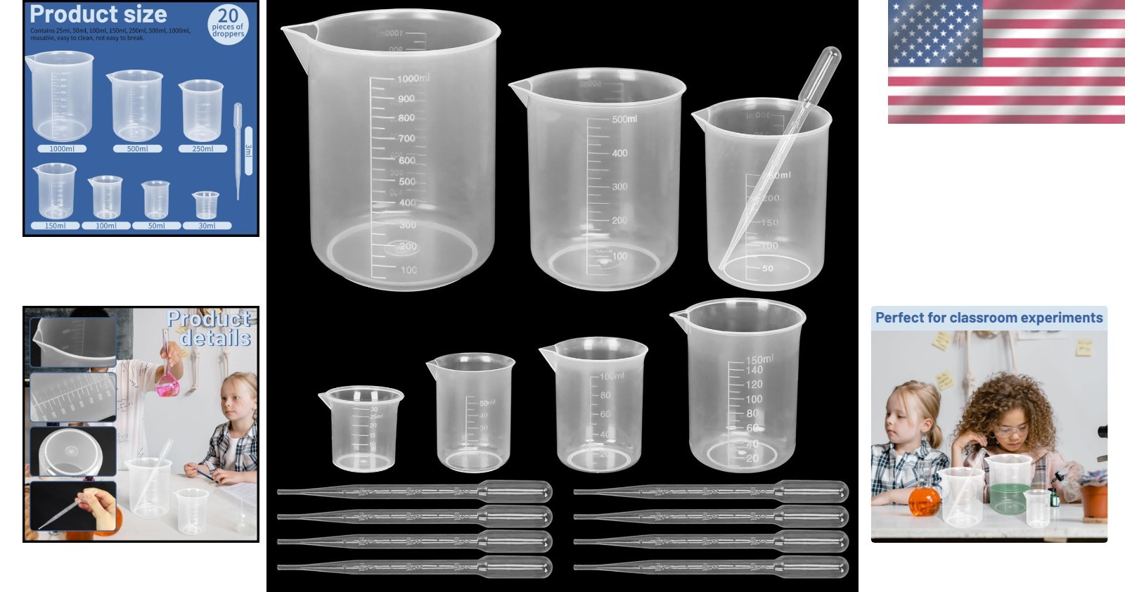 Clear Measuring Beaker Set – 30ml to 1000ml with 20 Droppers for Laboratories