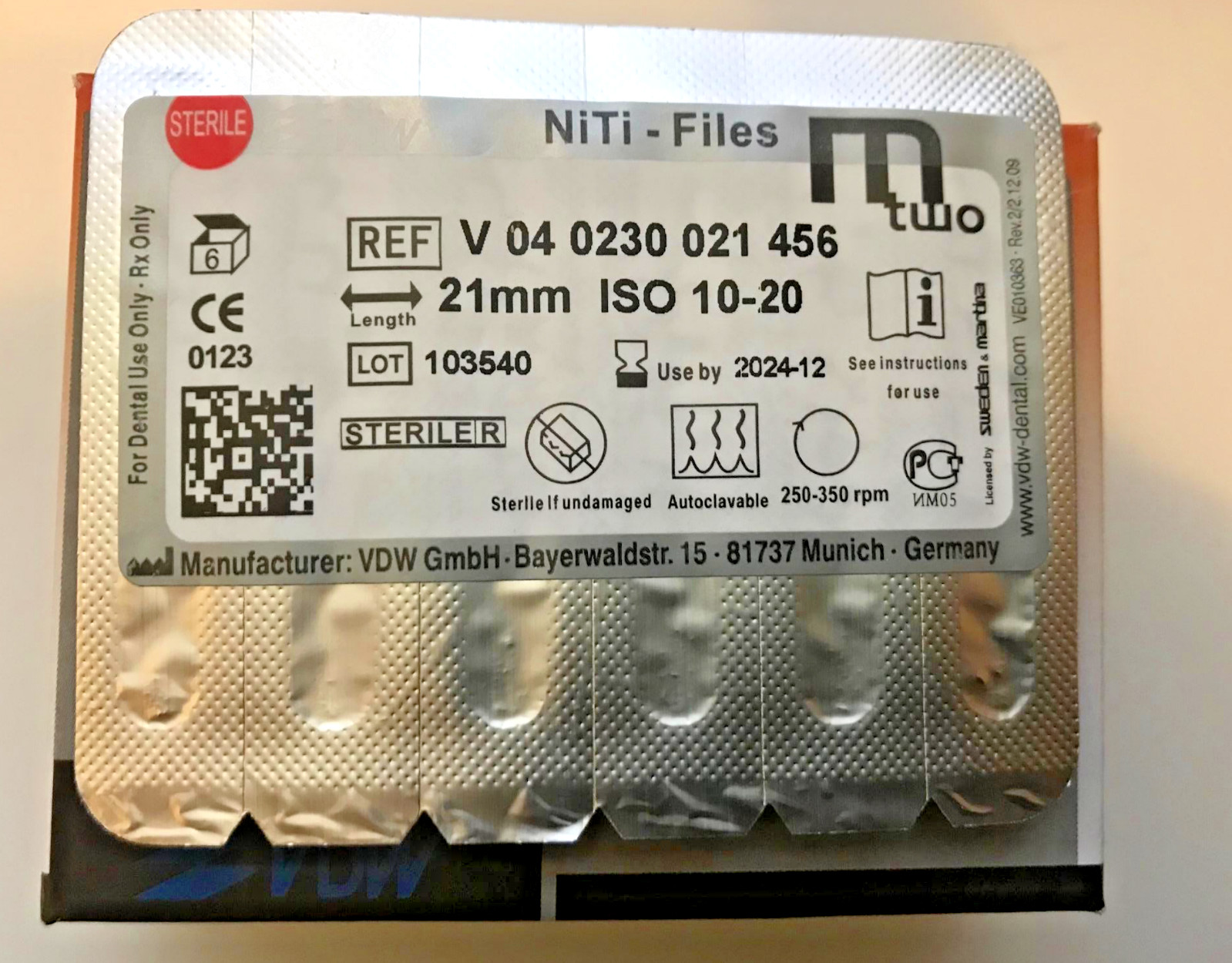 VDW MTWO NITI ROTORY FILES ROOT CANAL PREPRATIONS 10-20 (1 x 6 PKG) 25mm or 21mm