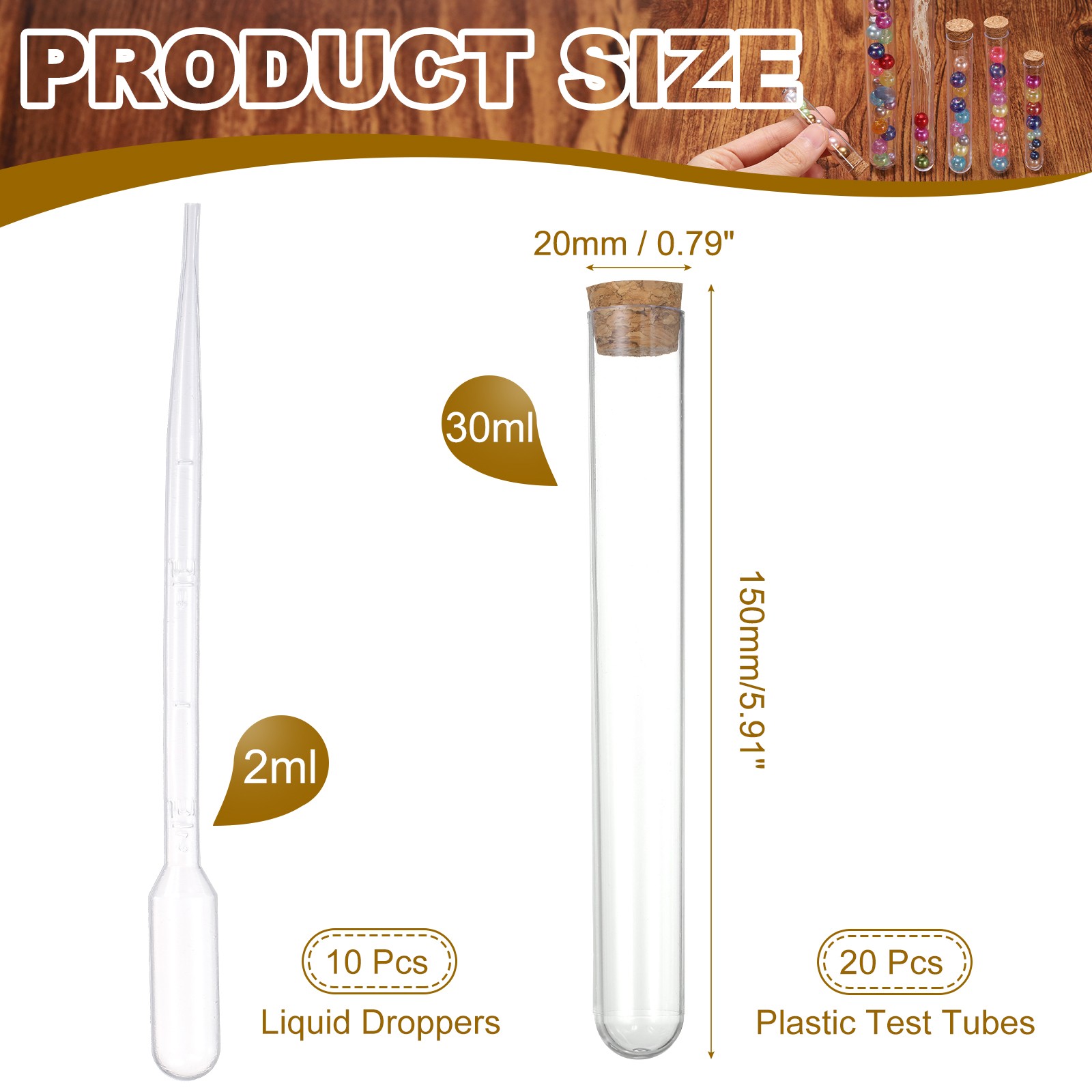 20 Pcs 20x150mm (30ml) Test Tubes with Cork Stoppers and 10 Pcs 2ml Droppers