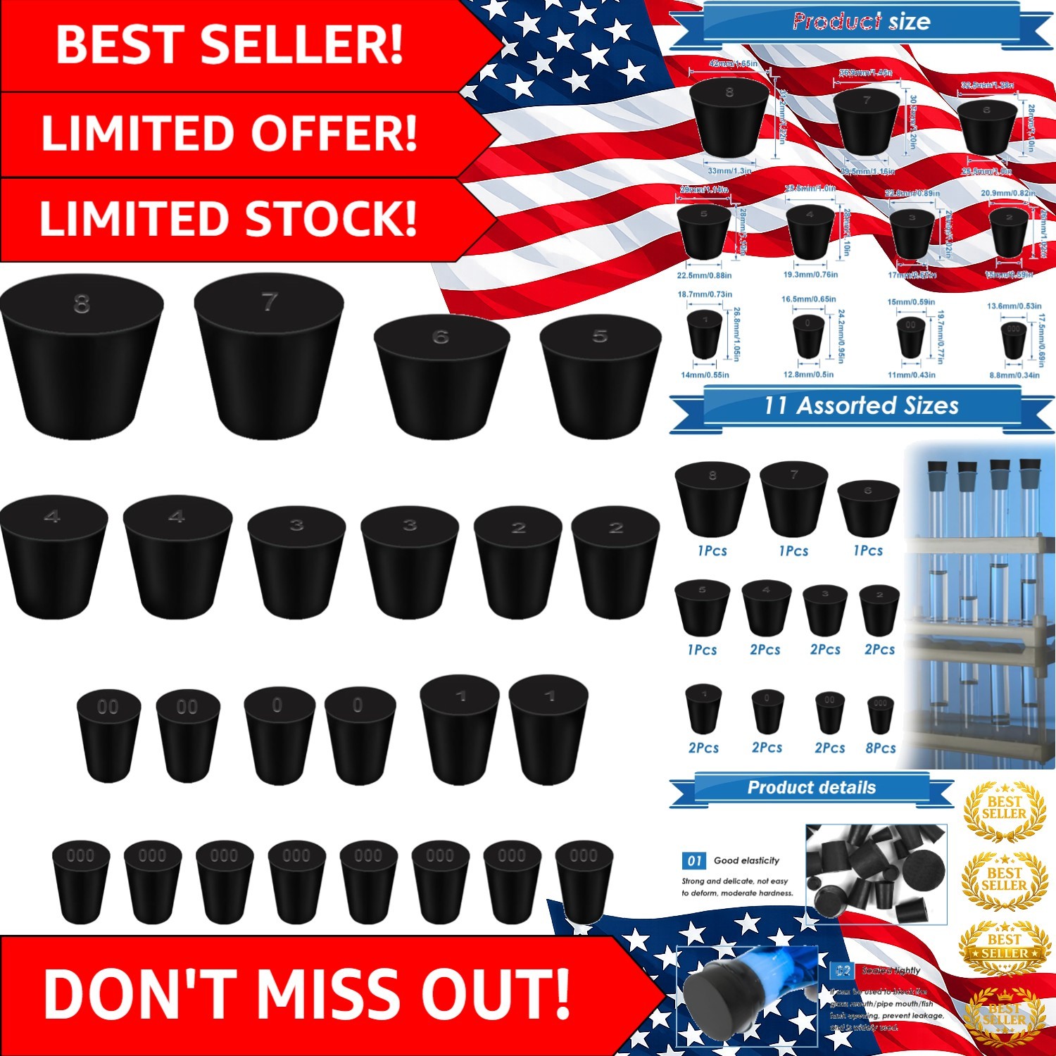 Black Rubber Stoppers – 24 Pieces with 11 Sizes for Secure Sealing