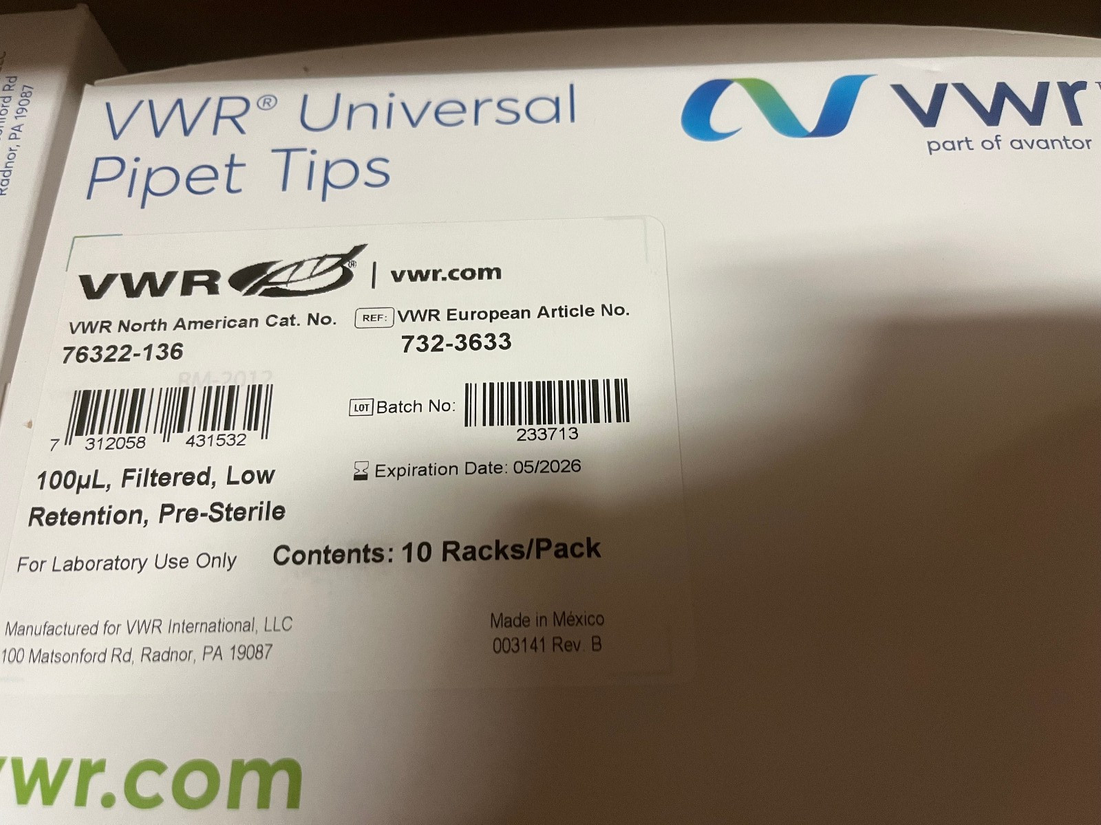 VWR 76322-136 Universal 100µl Pipet Tips Low Retention 100 ul sterile filtered z