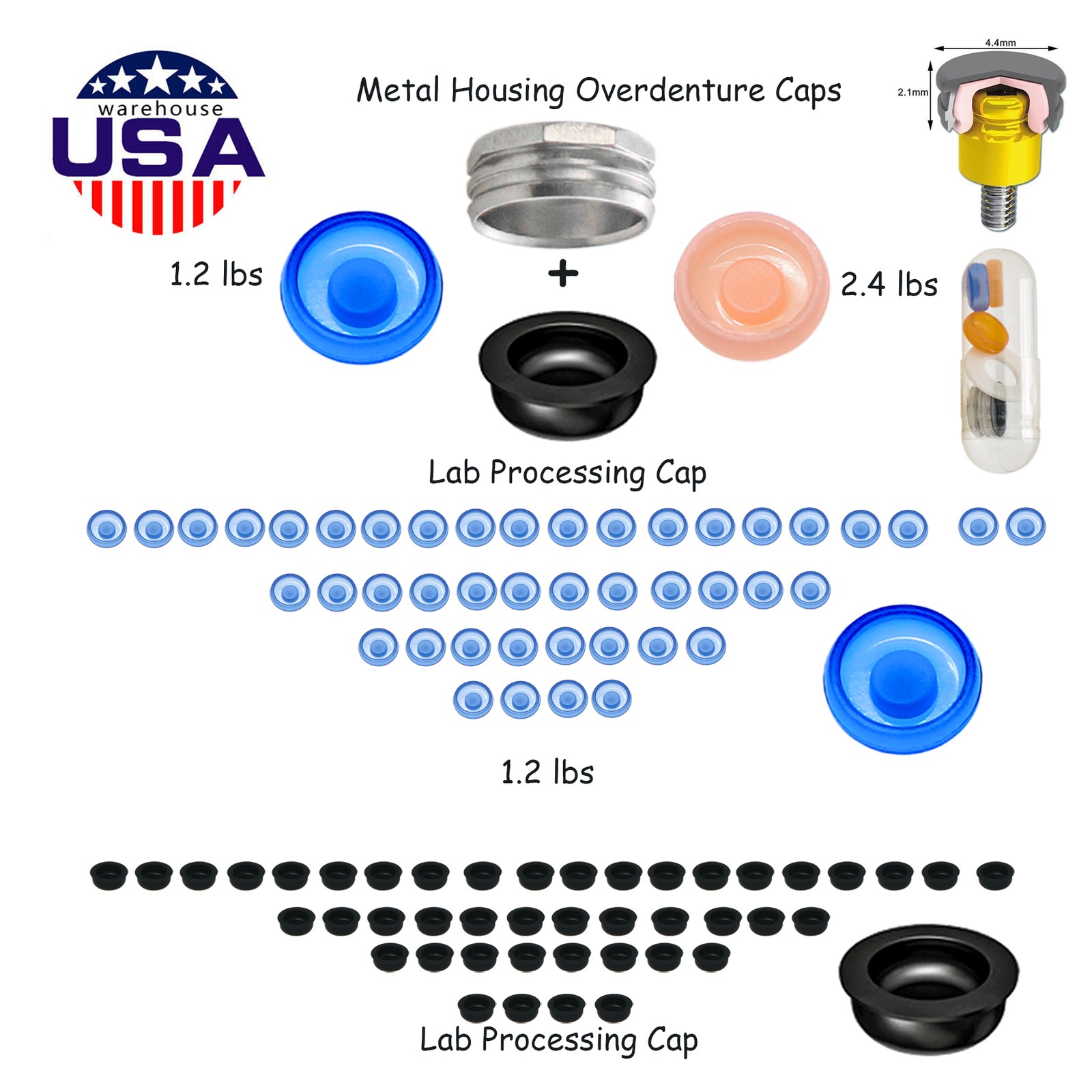 US Dental Locator Retention Cap Inserts PEEK 0.8/1.2/2.4lbs Overdenture Abutment