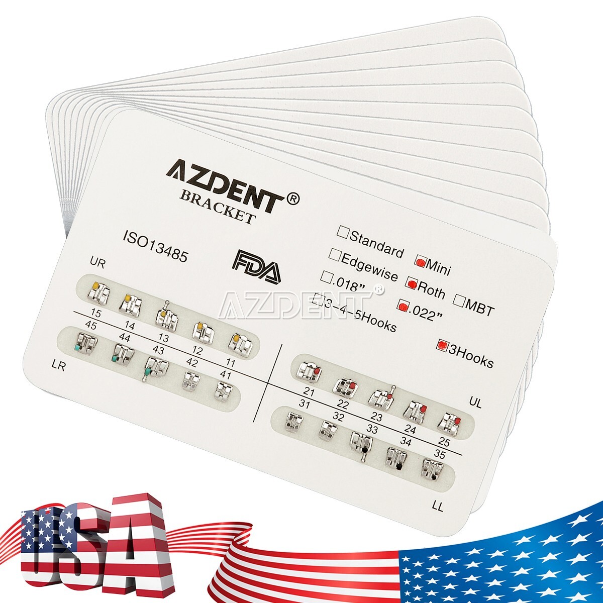 AZDENT Orthodontics Dental Brackets Braces Mini Roth Slot.022″ Hooks 3 Metal