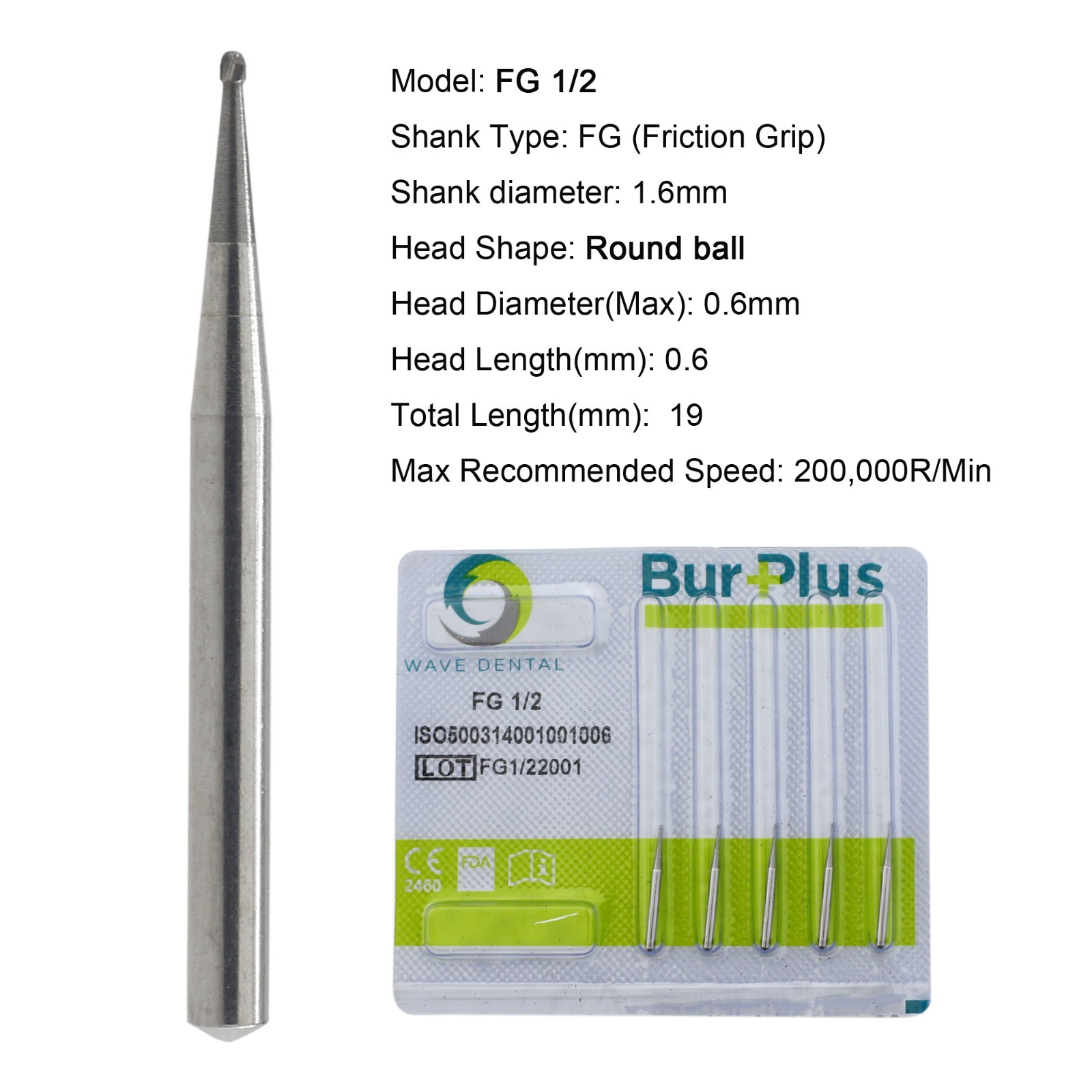 Wave Dental Carbide Burs Friction Grip Round Ball FG 1/2 19mm Length High Speed