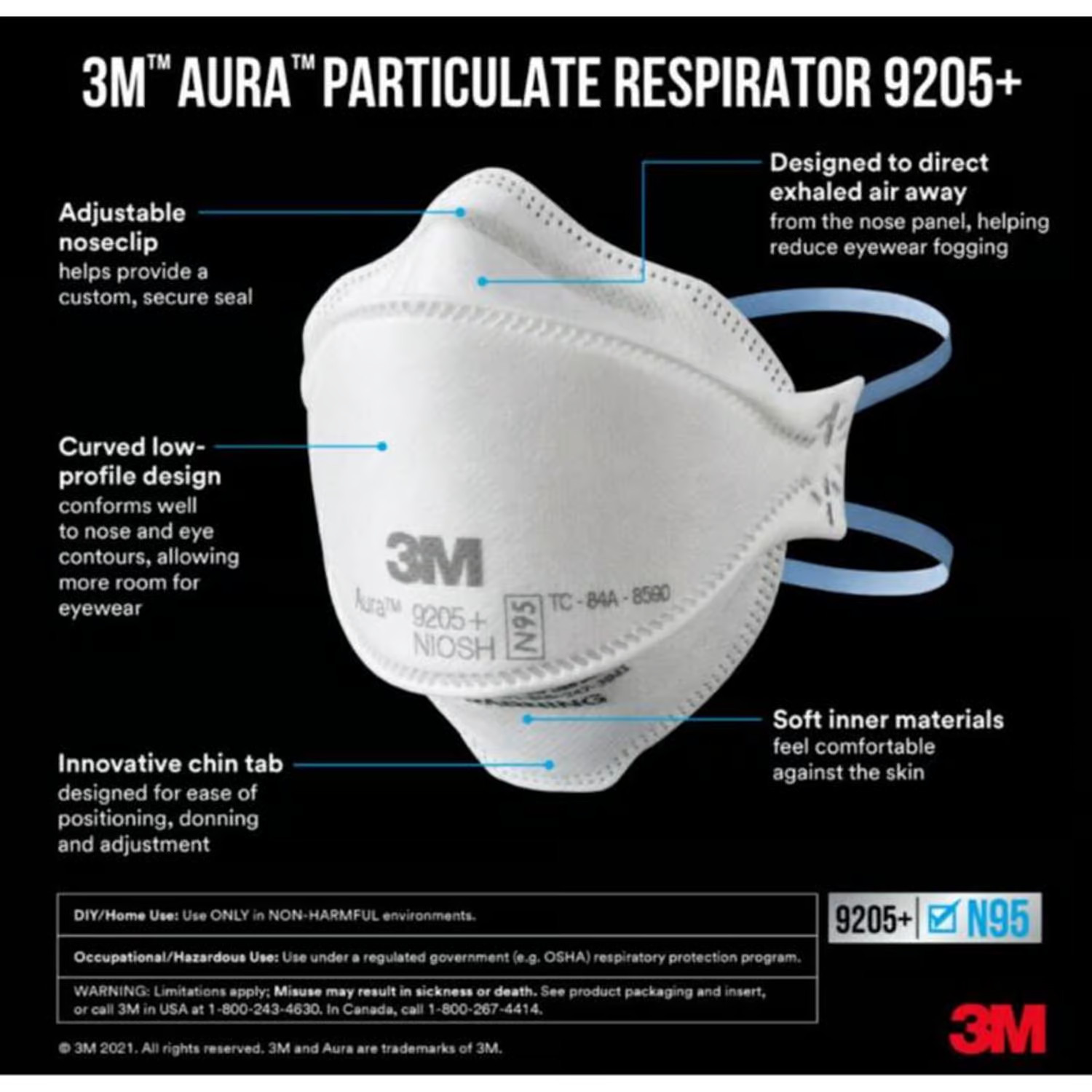 3M AURA 9205+ Particulate Respirator Mask N95 NIOSH 10 Per Box