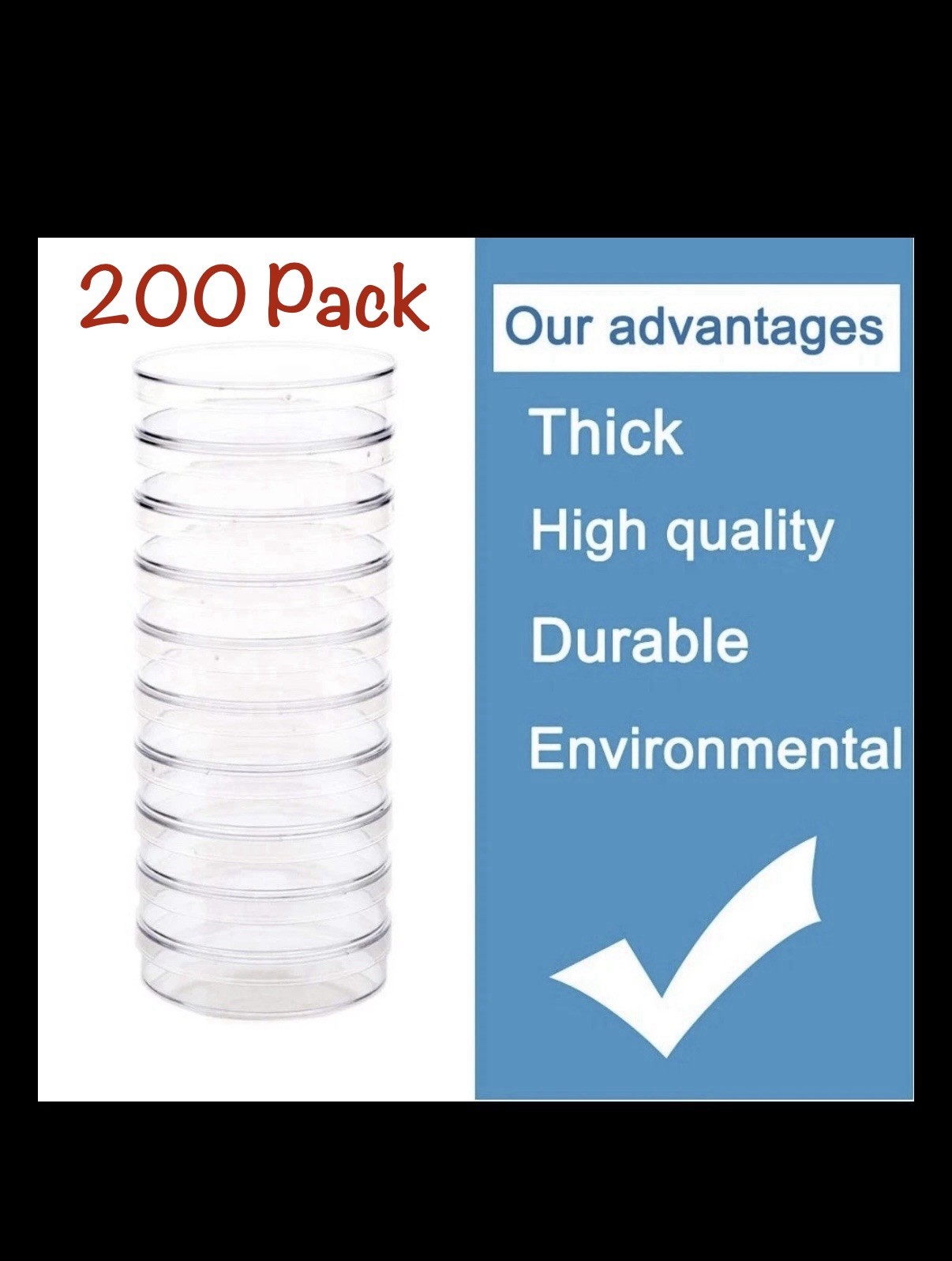 200Pack Sterile Plastic Petri Dishes Lids 60mm Dia X 15mm Deep Vents Culture Lab