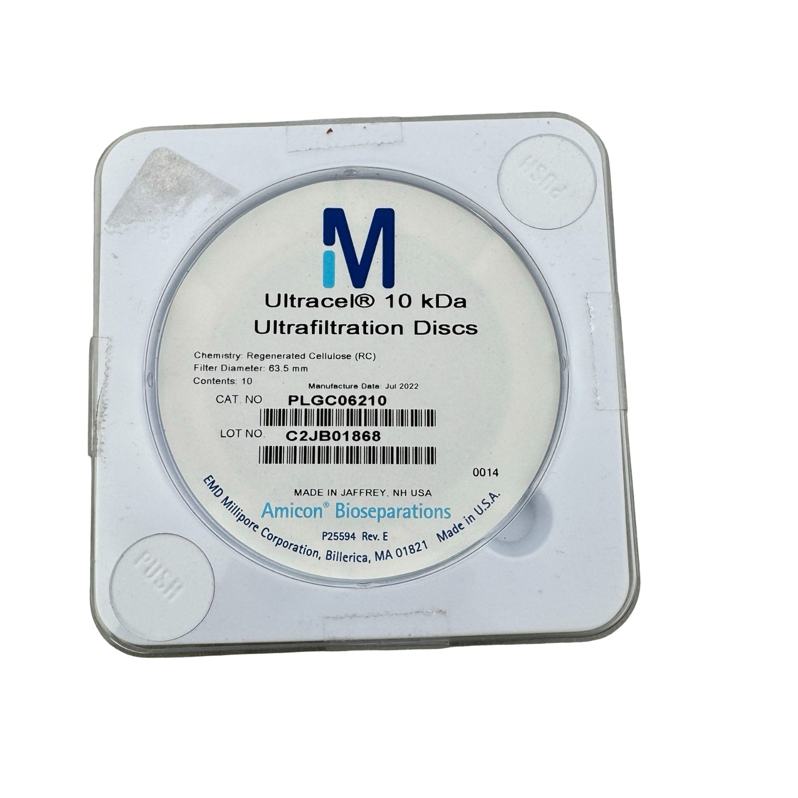 Millipore PLGC06210 Ultracel 10kDA Ultrafiltration Discs 63.5mm