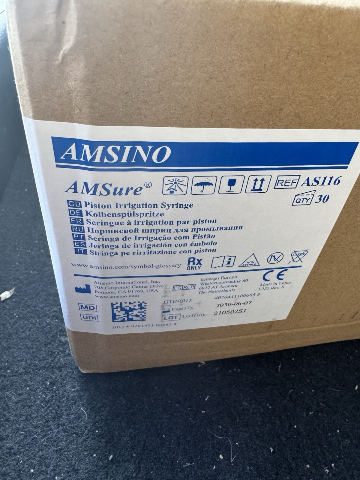 AMSINO AMSure AS116 60mL 60cc Piston Irrigation Syringes Box of 30 New