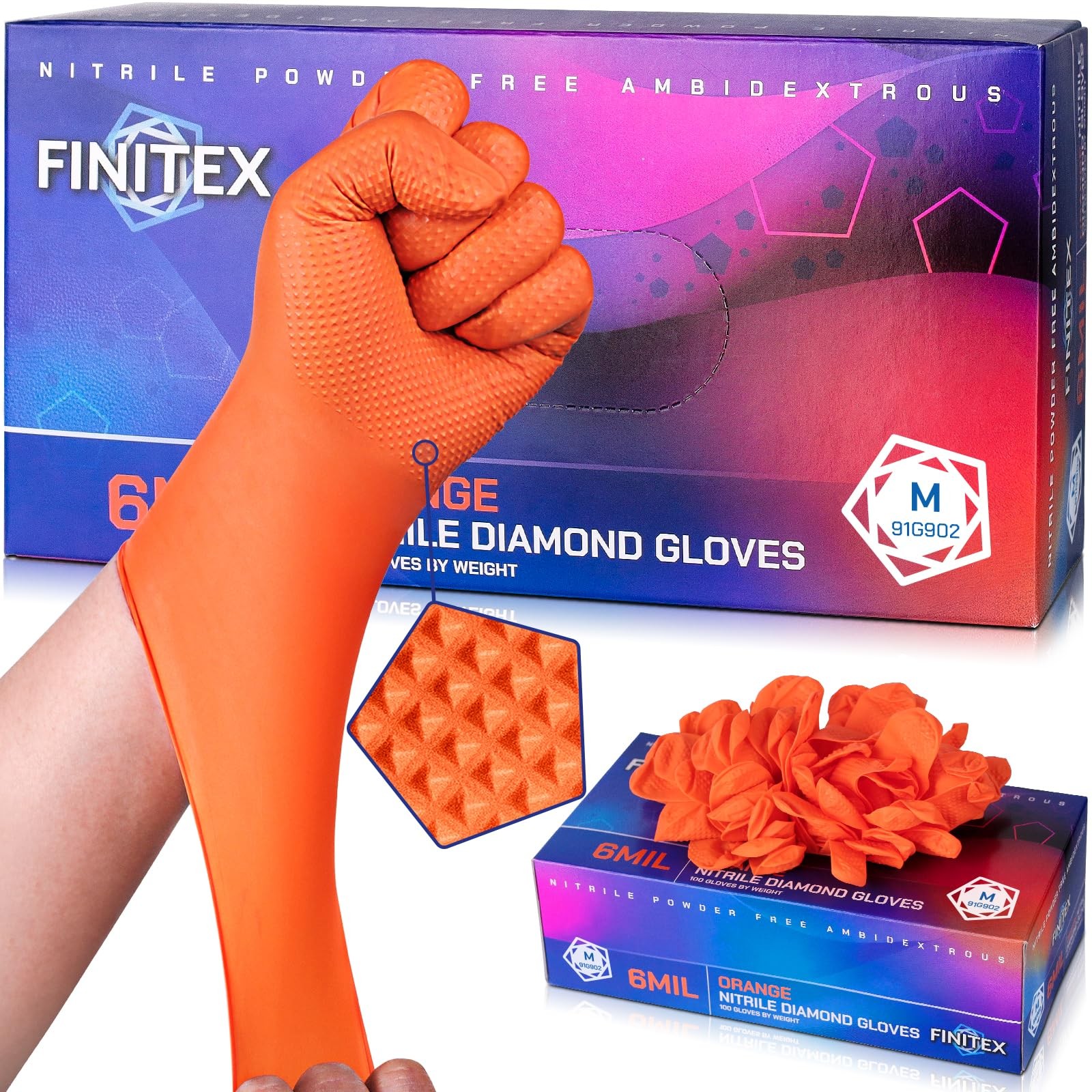 Industrial Diamond Texture Nitrile Orange Glove – 1000PCS Resistant 6.3mil Me…