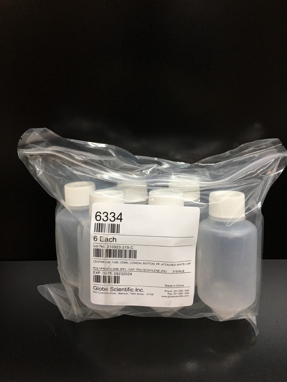 Globe Scientific Inc REF 6334 Centrifuge Tube 225mL Attached White Screw Cap
