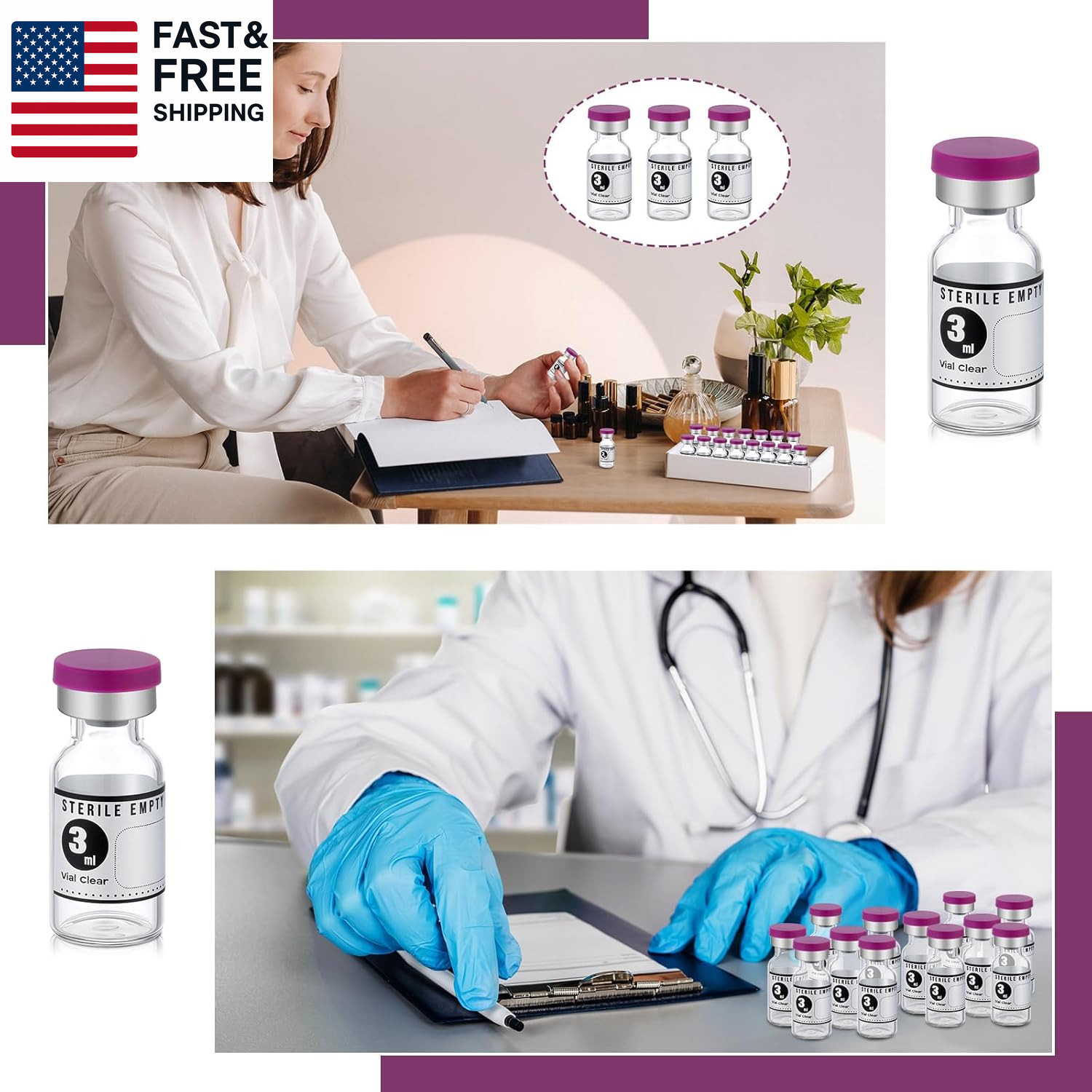 20 Pcs 3Ml Sealed Sterile Empty Vials with Self Healing Injection Port Glass Pe