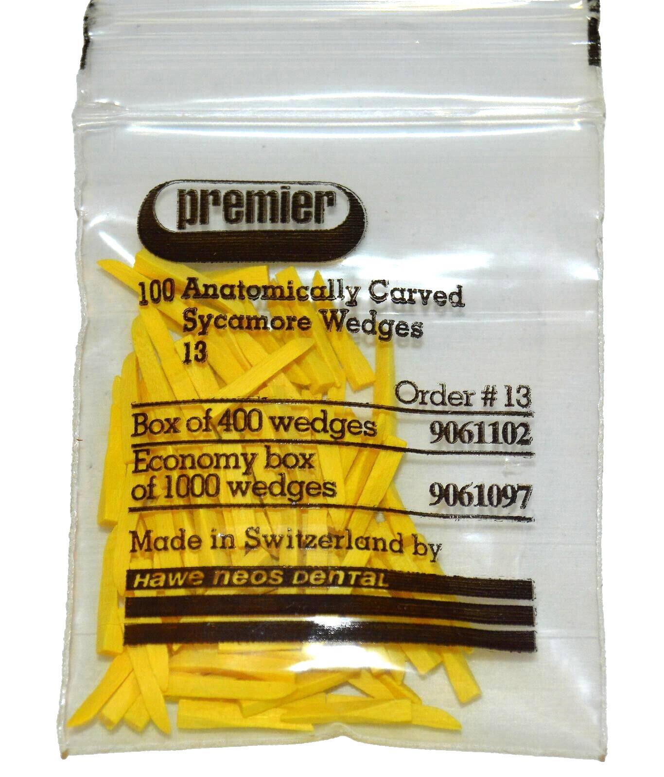 Premier Dental Anatomically Carved 100 Sycamore Wedges Yellow 13 Switzerland New