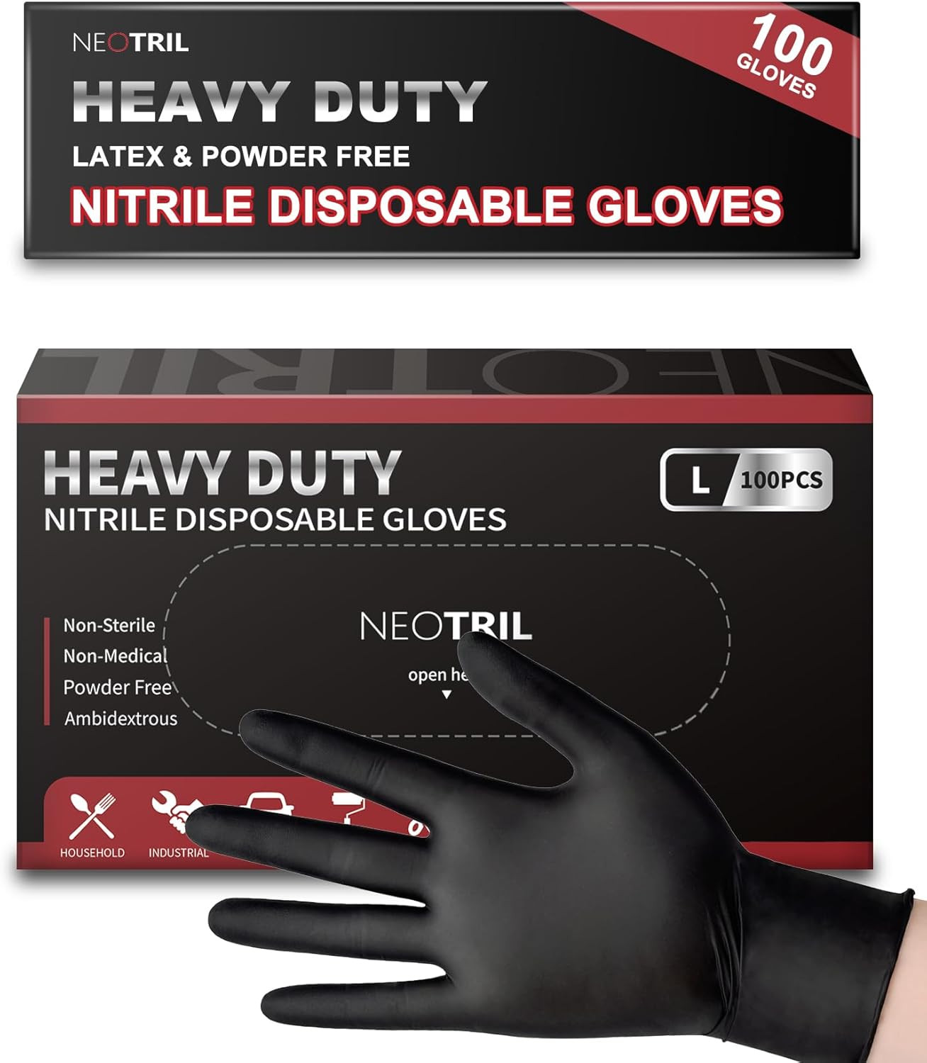 NEOTRIL 6 Mil Heavy Duty Black Nitrile Disposable Gloves, Latex Powder-Free, Tex