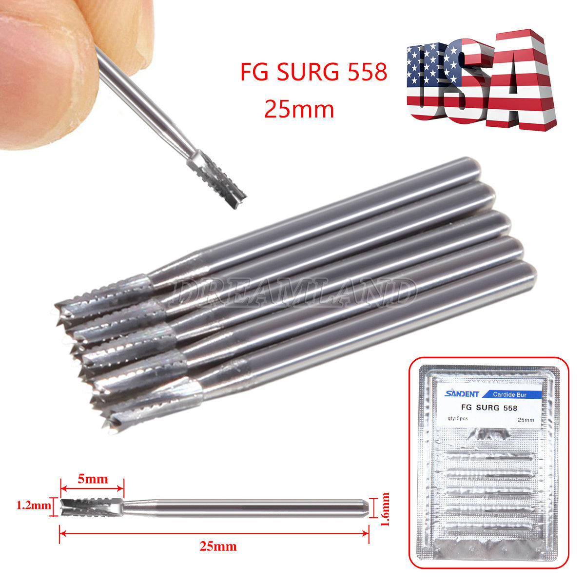5pcs/pack Dental Carbide Burs Bits High Speed FG558 Ø1.2mm 6 Blades Fissure