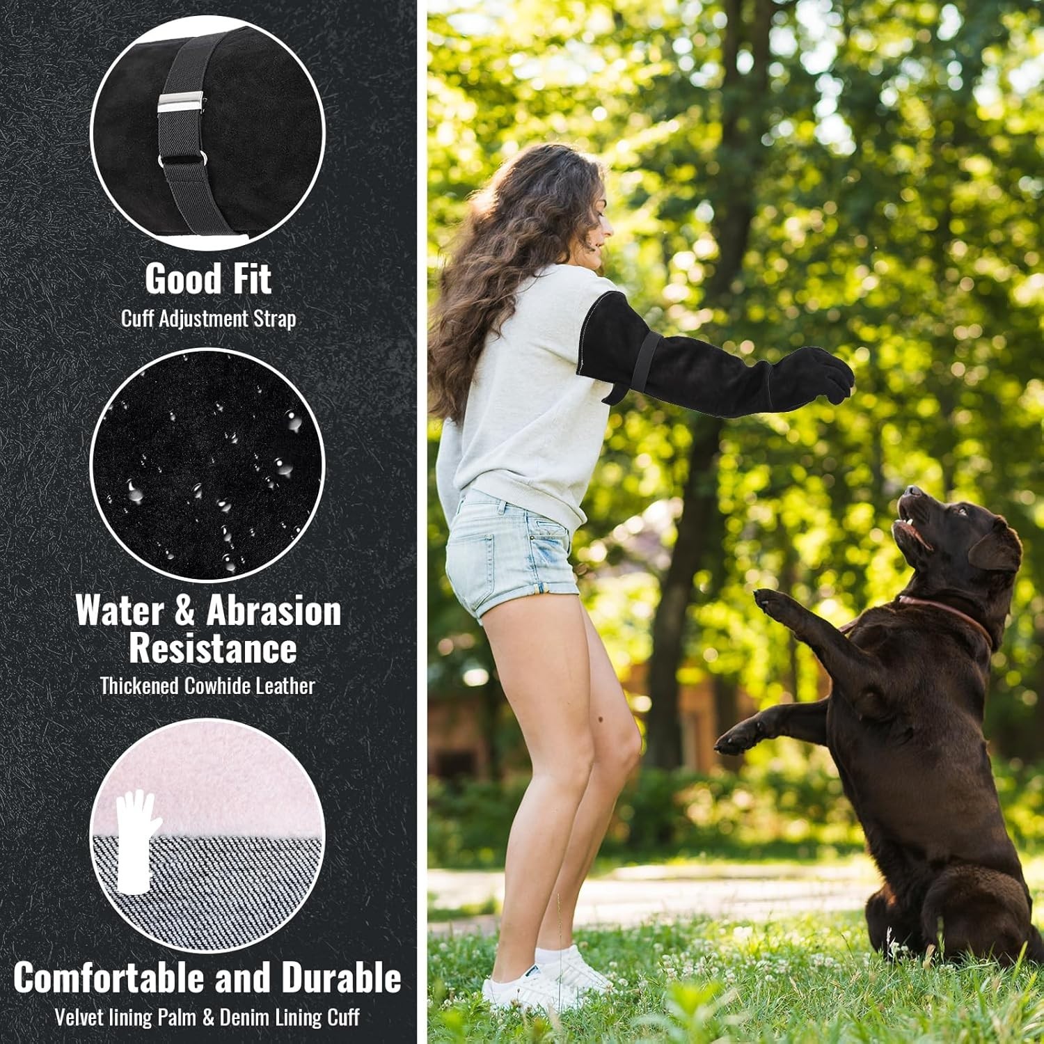 Multipurpose Leather Gloves 23.6 Inch Black for Animal Handling and Outdoor Use