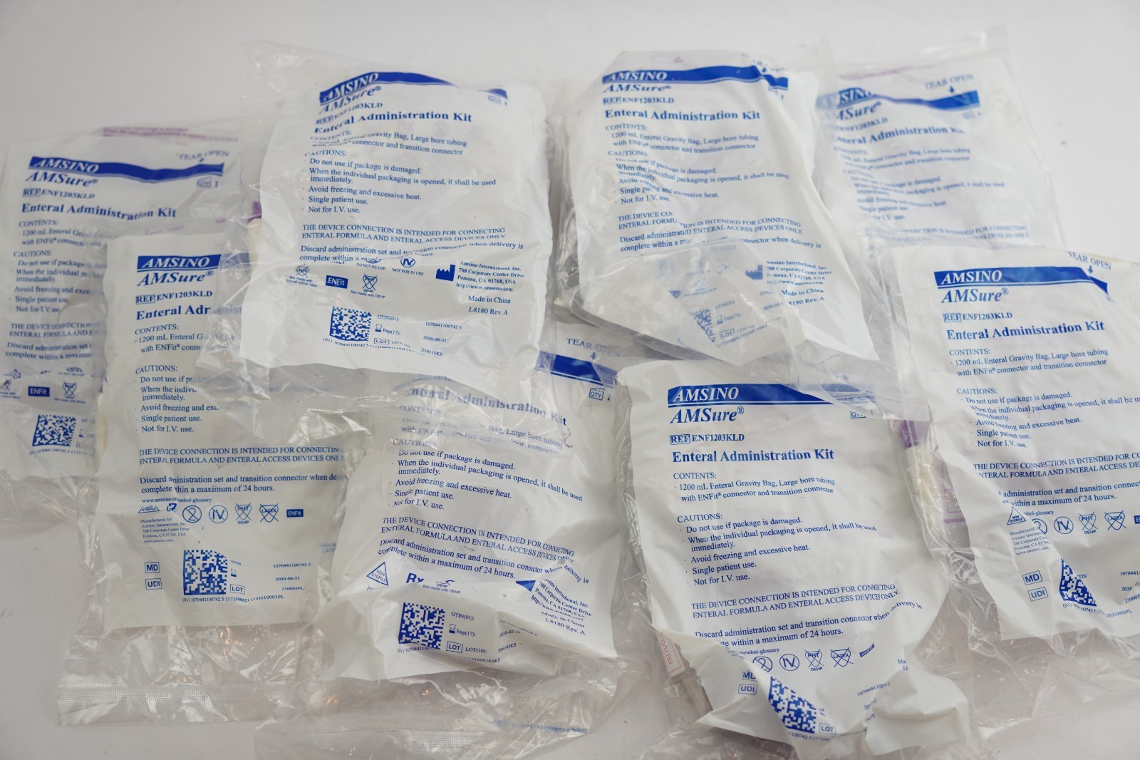 (Lot of 10) Amsino ENF1203KLD Enteral Feeding Pump Bag Set w/ ENFit AMSure 1200