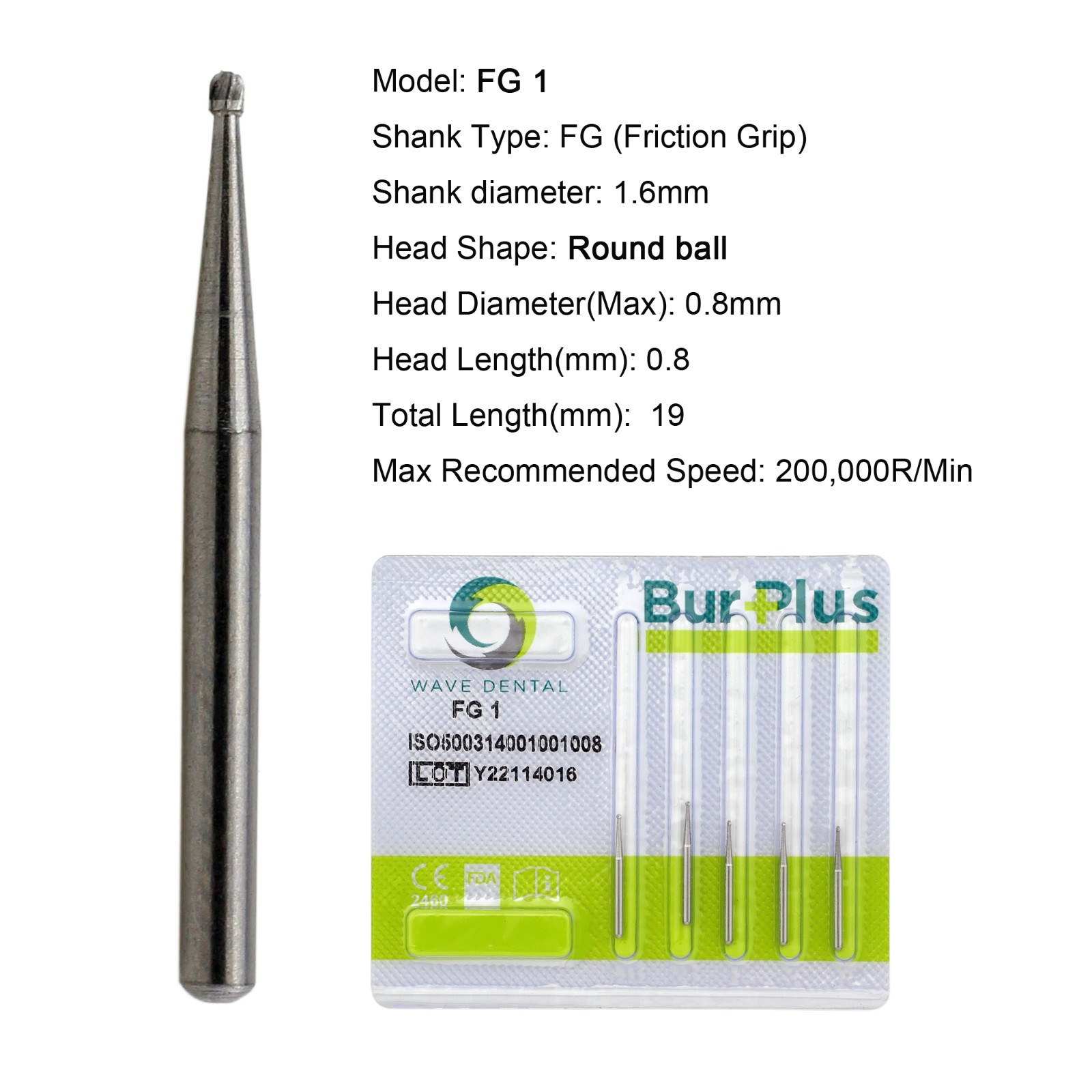 WAVE Dental Burs Round Carbide Bur FG 1 Friction Grip High Speed 19mm Length