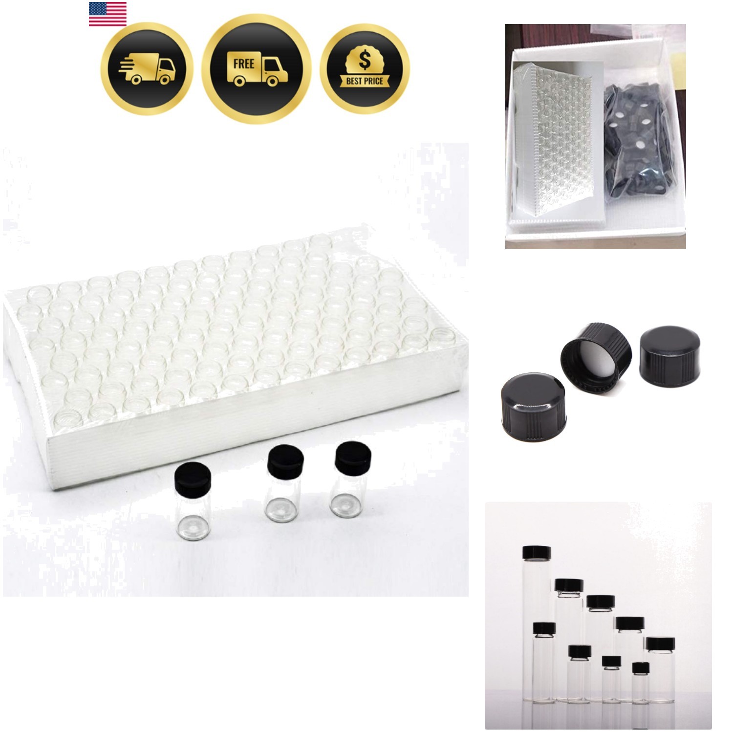 Pack of 100 Glass Vials with Black Phenolic Screw Caps 10ml, Clear
