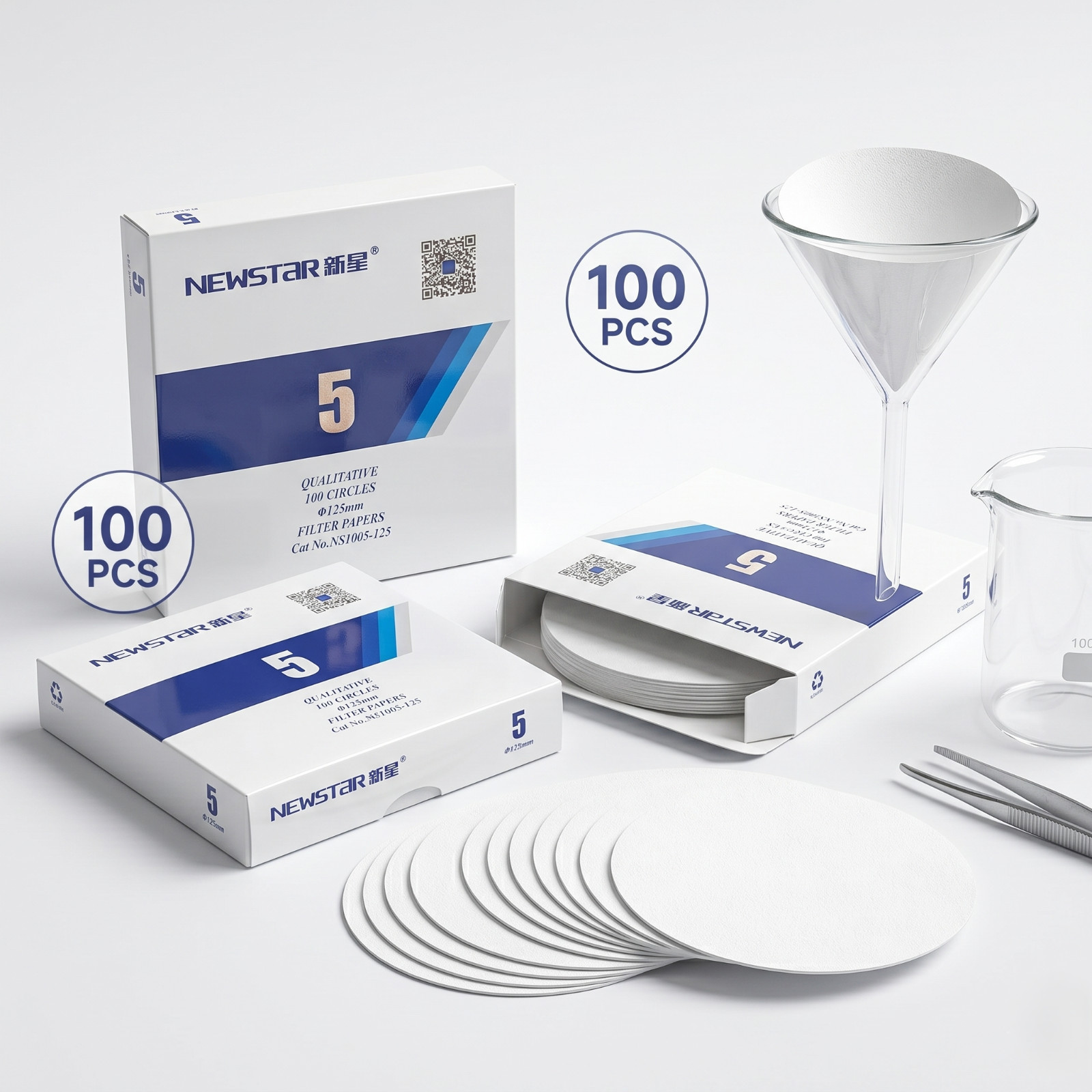 1000pcs Grade 5 Qualitative Filter Paper 2.5µm, 70-320mm Circles Standard