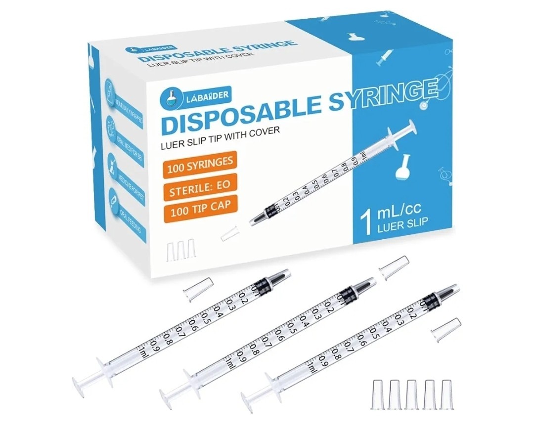 Labaider 100 Count Disposable Syringes 1mL Luer Slip tip With Cover Sterile: EO