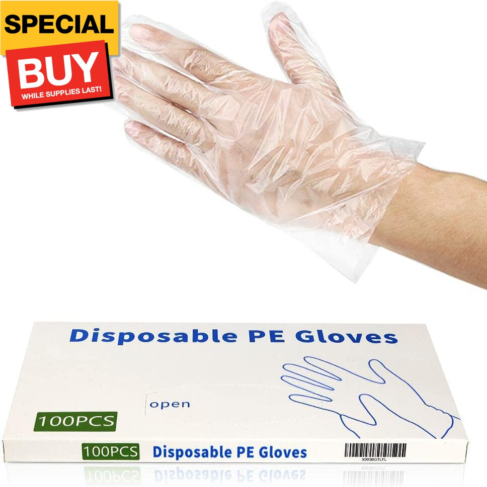 100pcs Disposable Plastic Gloves, Latex Free Powder Free Clear Polyethylene Hand