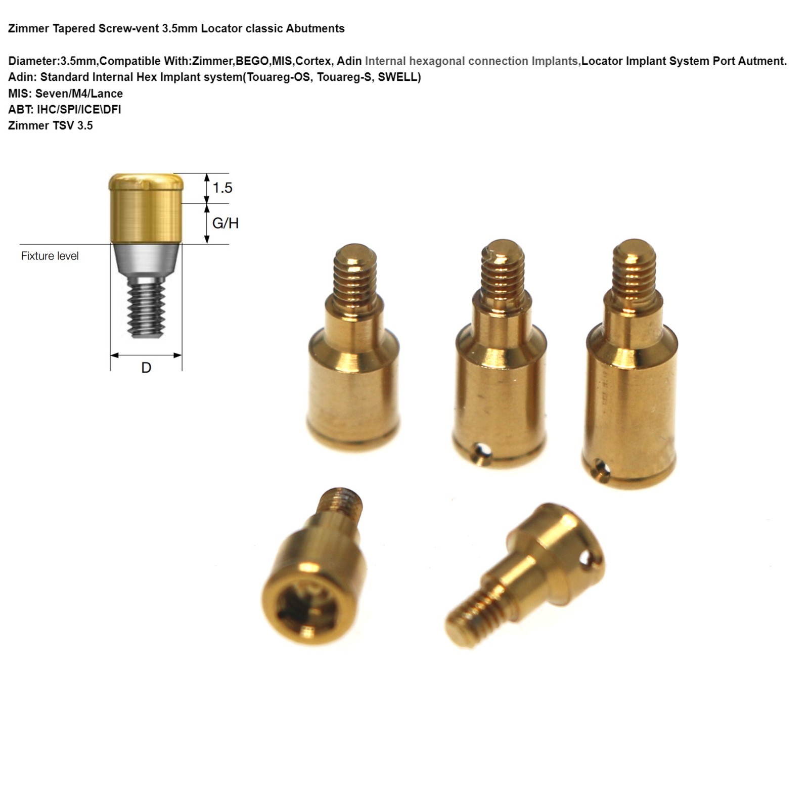 Zimmer TSV Mis ABT Internal Hex Compatible Locator Abutment 3.5mm Plat 1-5.0mm