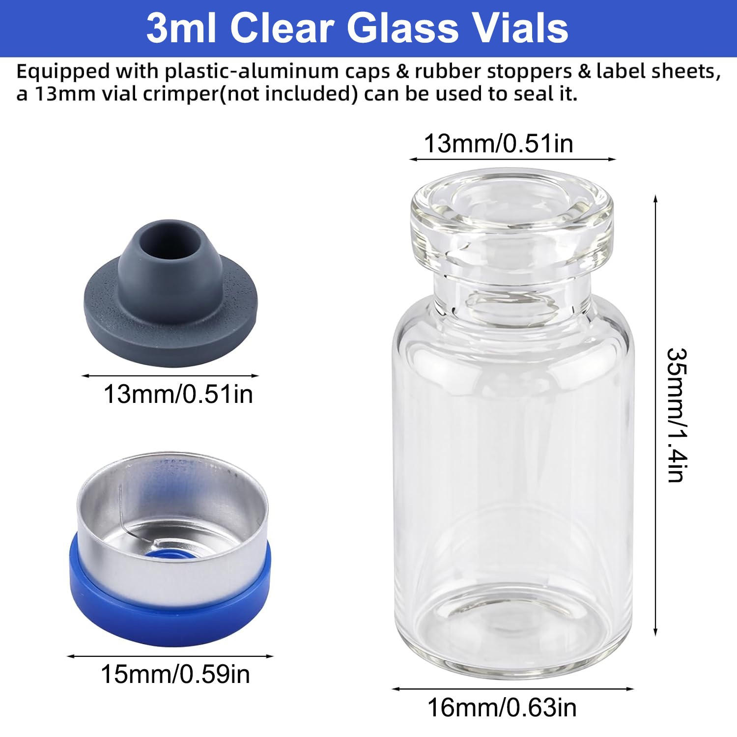 100PCS 3ml Glass Vials Headspace Vials Clear 13mm Crimp top Flat Bottom HPLC