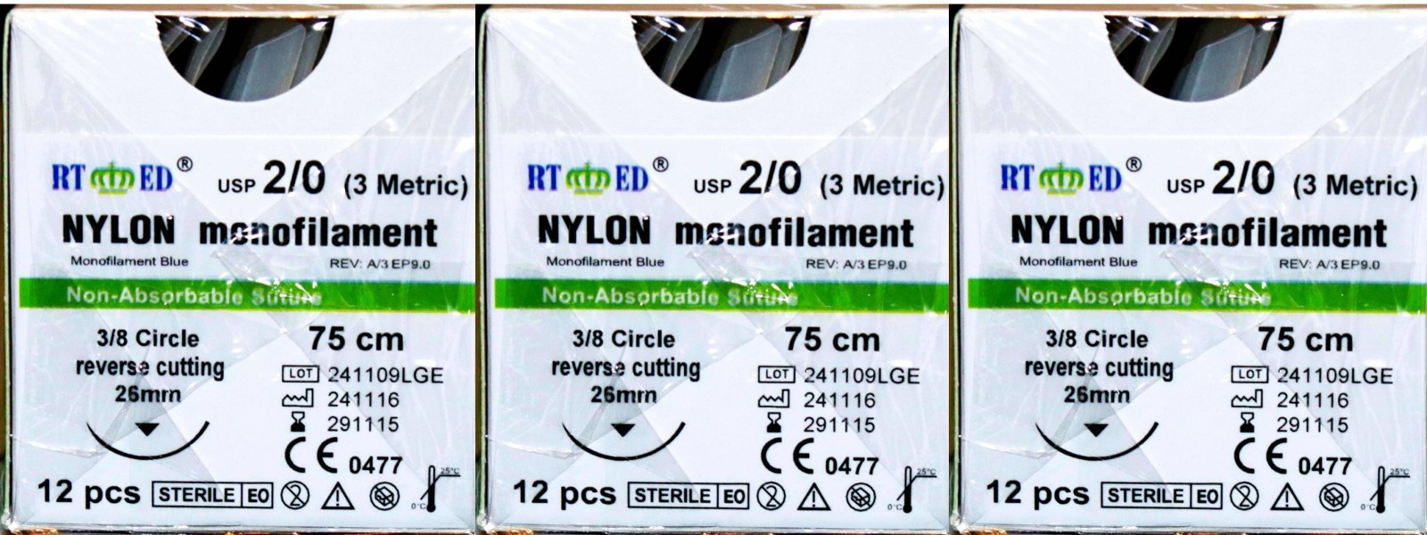 Nylon Mono Suture 2-0. 75cm 3/8 Circle cutting 26mm Human/Vet 36 SHIPS FREE