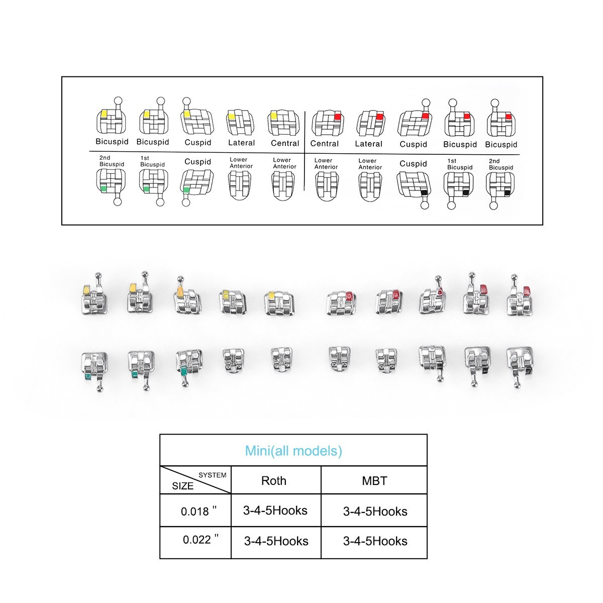1000pcs Dental Orthodontic Brackets MIM Monoblock Mini Roth MBT 0.022″ Hooks 345