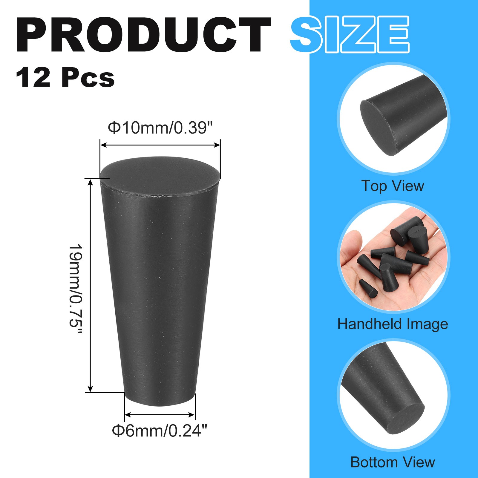 Solid Rubber Stoppers 6x10x19mm, 12 Pcs Tapered Lab Seal Rubber Stopper Black