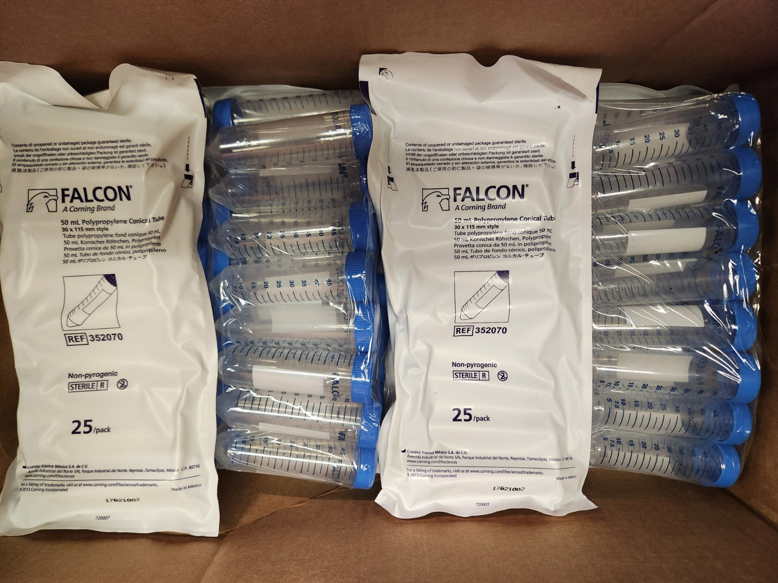 CORNING FALCON 50ML PP GRADUATED CONICAL CENTRIFUGE TUBES 352070. (250 PCS)