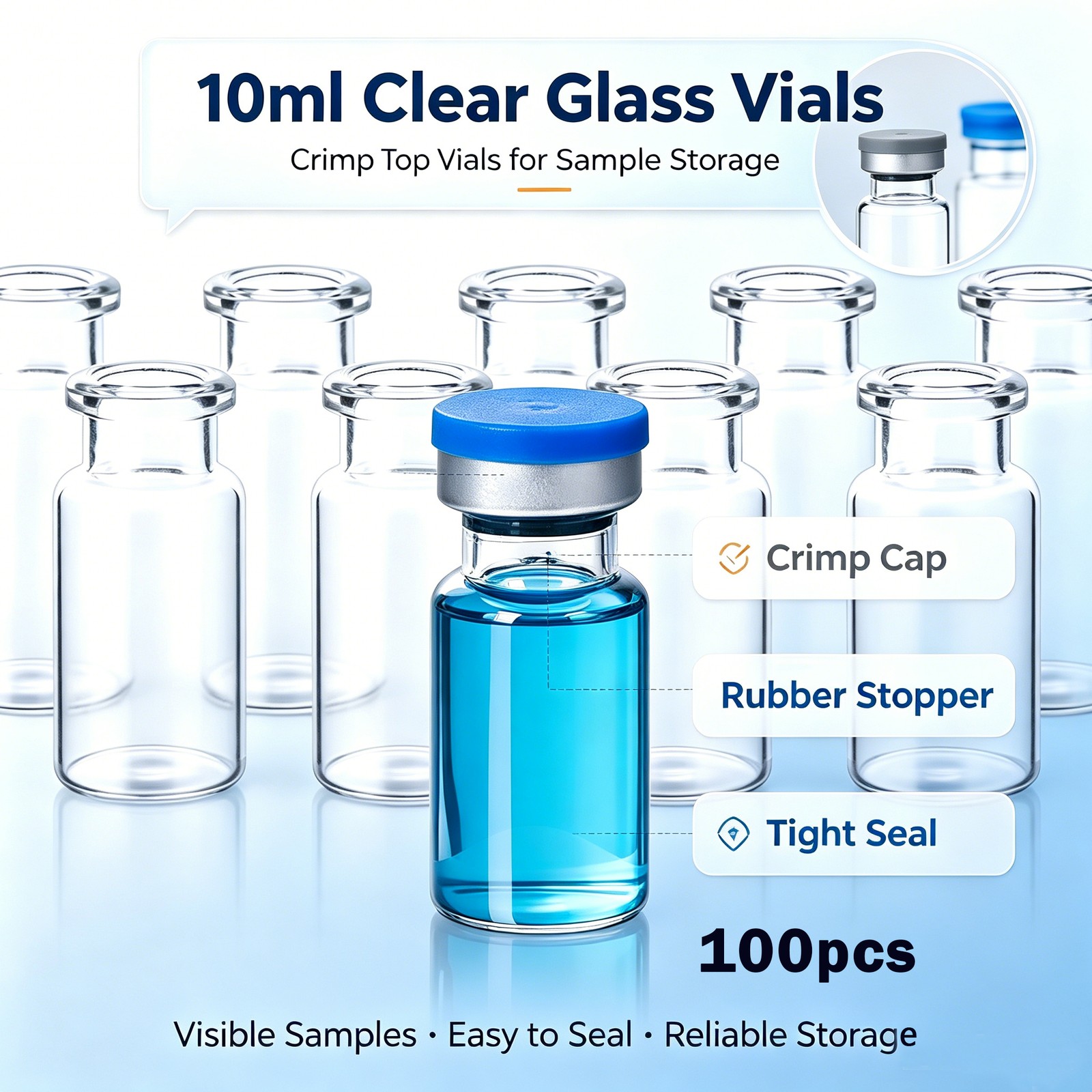 100PCS 10ml Headspace Vials Clear Glass Bottle 20mm Crimp top Flat Bottom HPLC