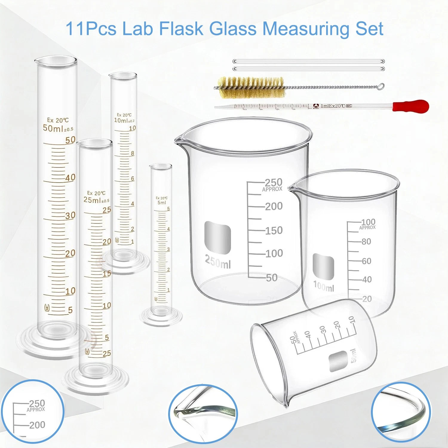 11Pcs Measuring Beaker Lab Flask Graduated Cylinder Glass Beaker Kit Glassware