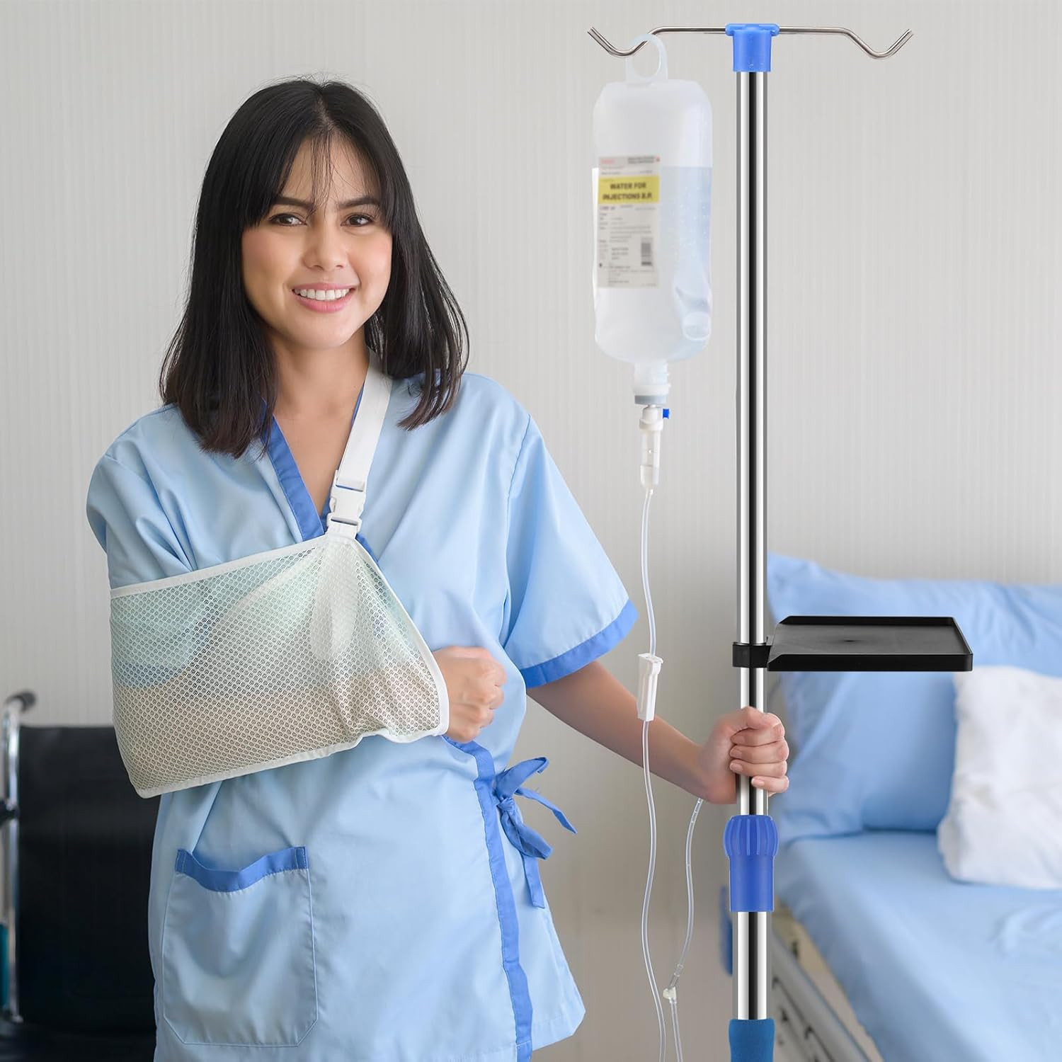 IV Pole with Wheels and Tray Adjustable Portable Medical IV Poles Stainless Stee