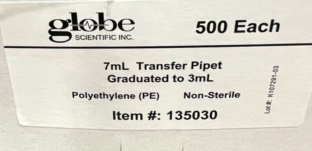 GLOBE SCIENTIFIC INC 135030 7ML TRANSFER PIPET GRADUATED TO 3ML LOT OF 2