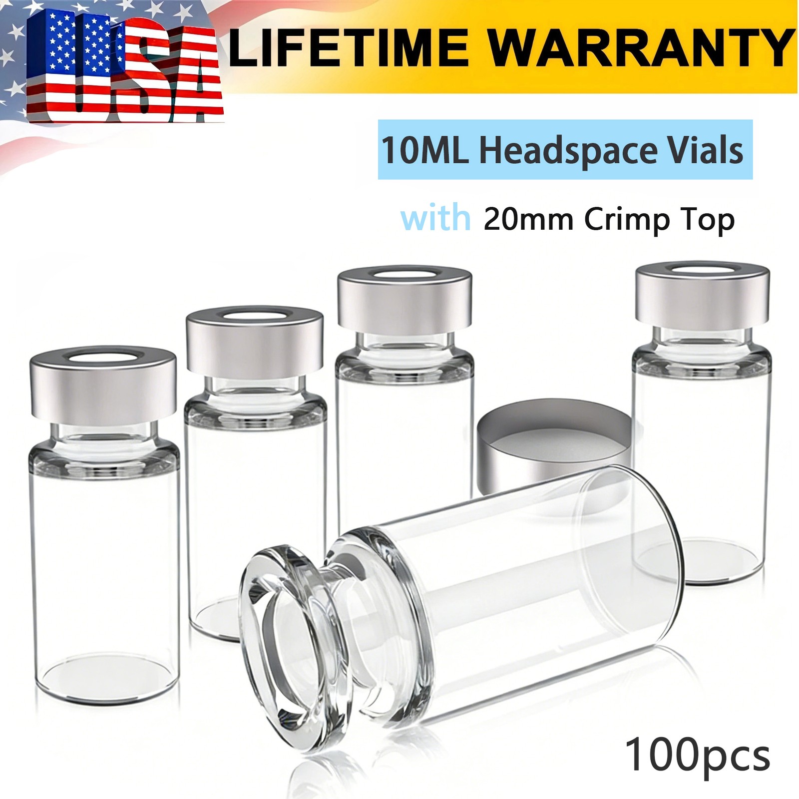 100pcs 10ml Sample Vials Clear Glass Bottle 20mm Crimp Top Headspace Vials New