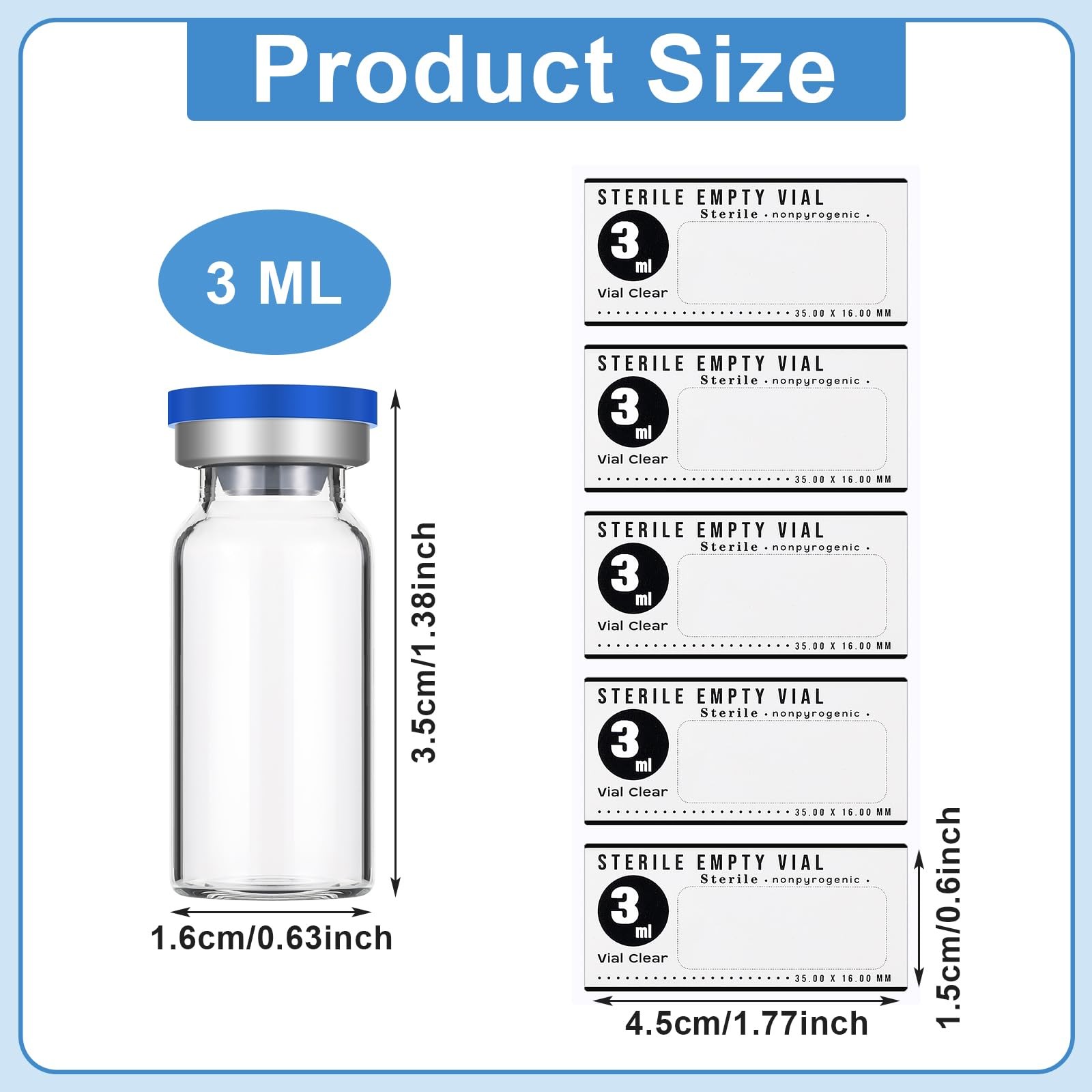 Threlaco 20 Pcs 3ml Sealed Sterile Empty Vials with Self Healing Blue