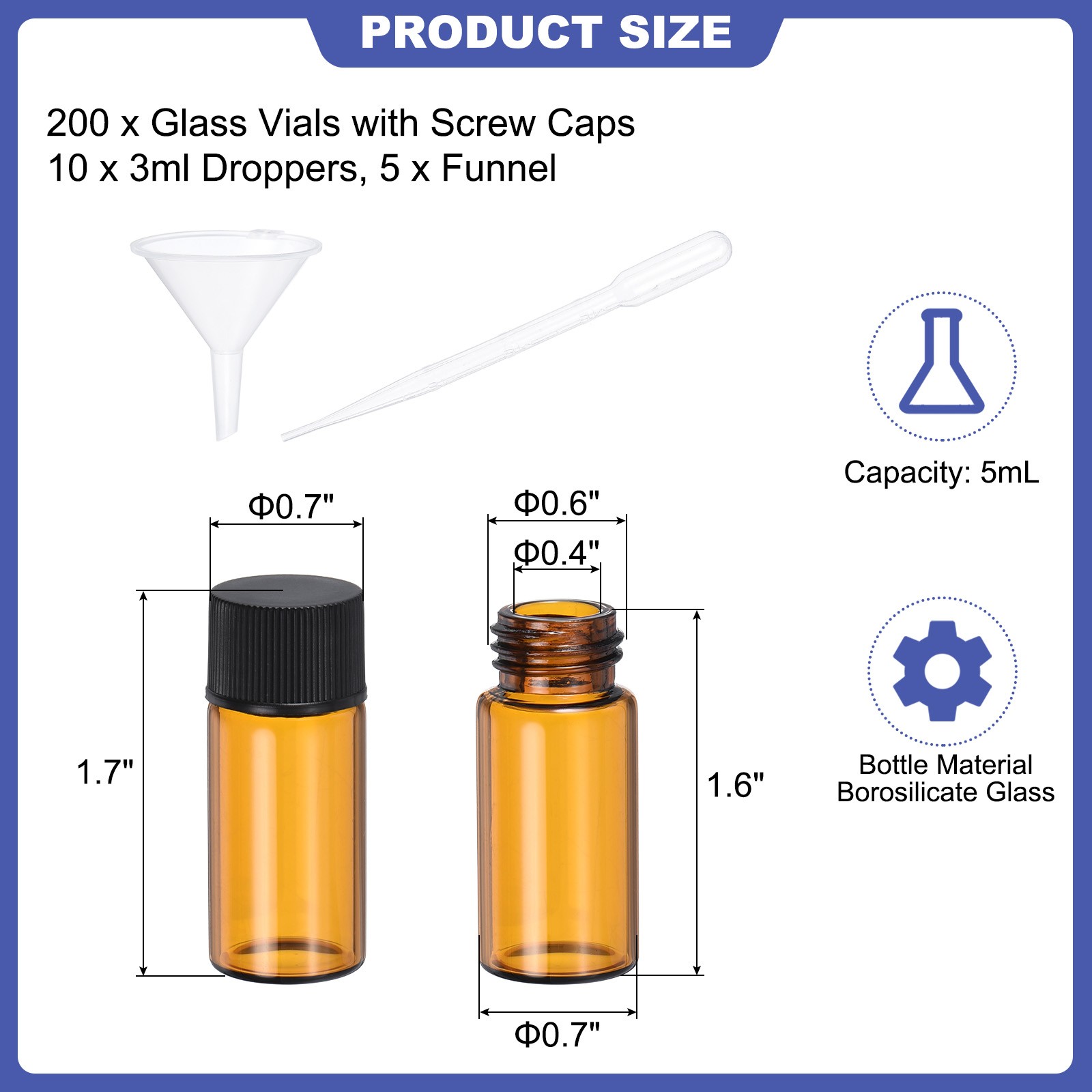 5ml Amber Glass Vials, 200 Pack Sample Vials with 10 Dropper 5 Funnel