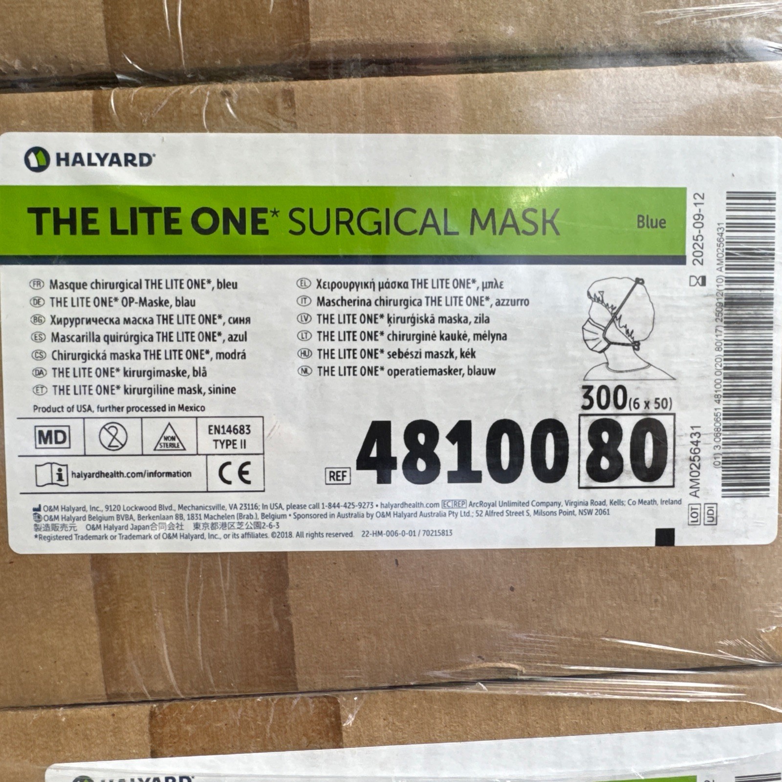 Case of 300 Halyard 48100 Surgical Face Mask with Ties, Blue.