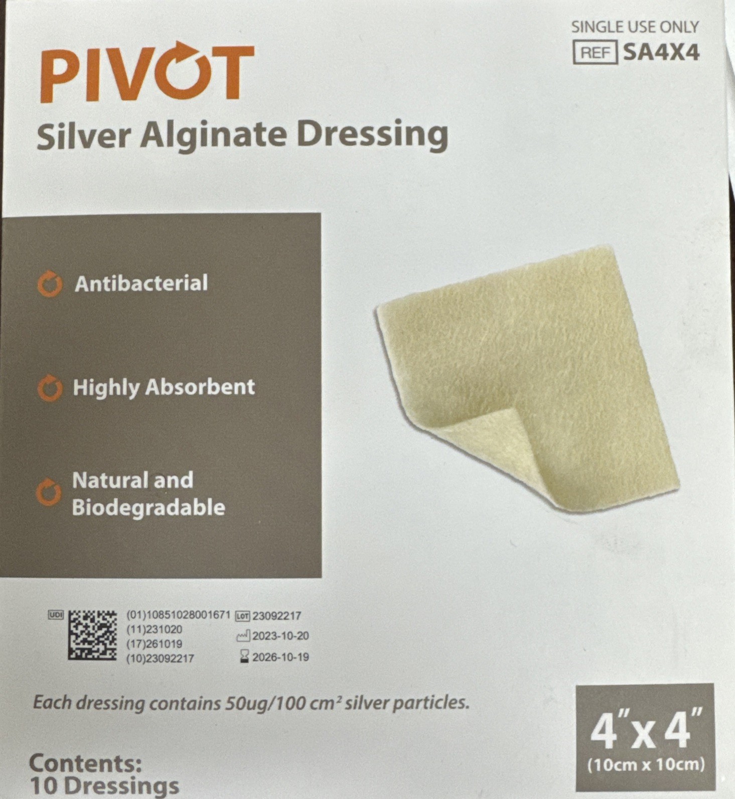 4” X 4” Silver Alginate Dressing, 10/Box By Pivot #SA4X4.