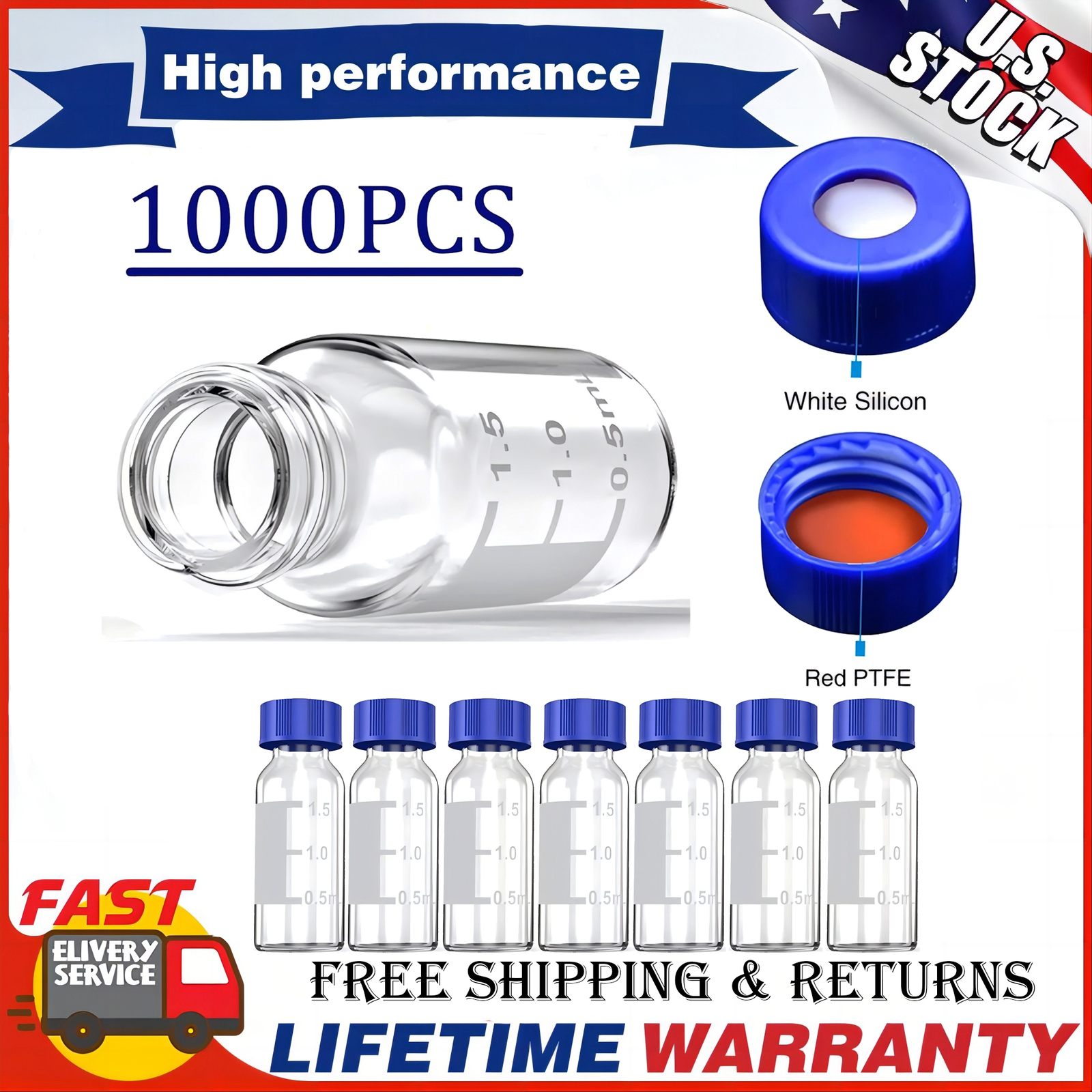 2ml Autosampler Vials 1000Pcs+Pre-Slit Caps 9-425 Glass Bottle Screw Top HPLC GC