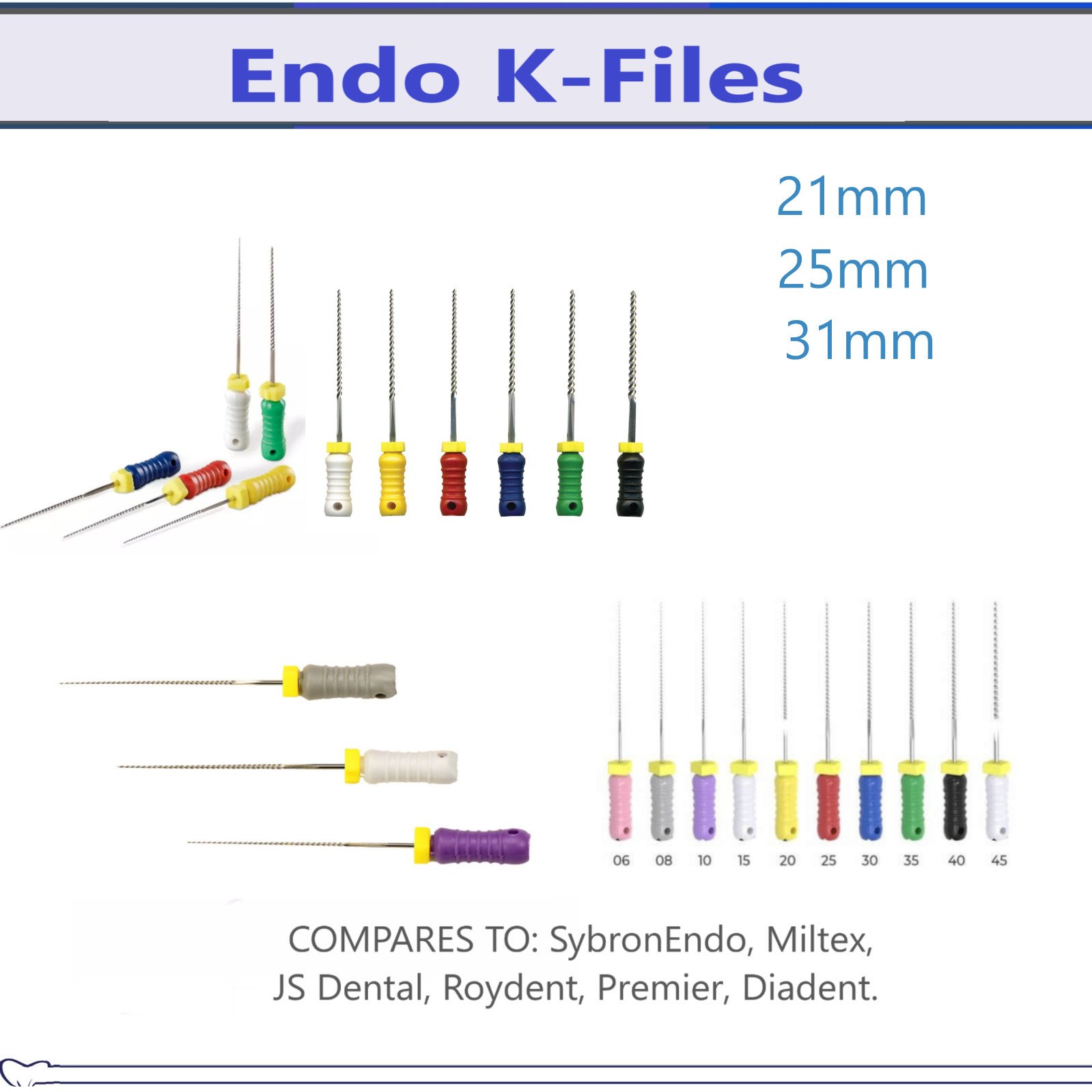 Dental Endo Hand Files Endo Root Canal K files Stainless Steel 21MM 25MM 31MM