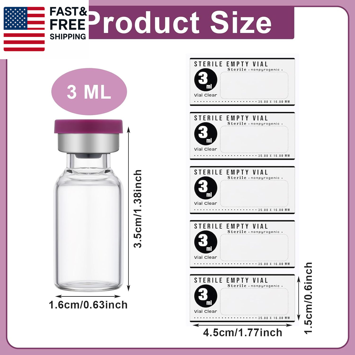 20 Pcs 3Ml Sealed Sterile Empty Vials with Self Healing Injection Port Glass Pe