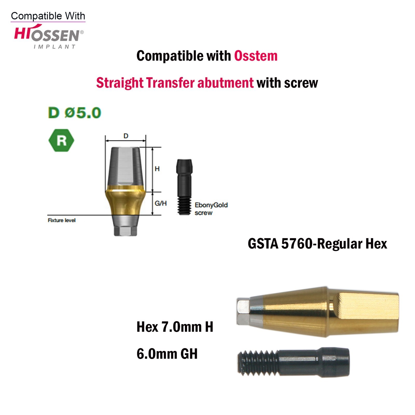 US Straight Transfer Abutment Regular Ø5.0 For Osstem Hiossen Hex 7.0mm Implants