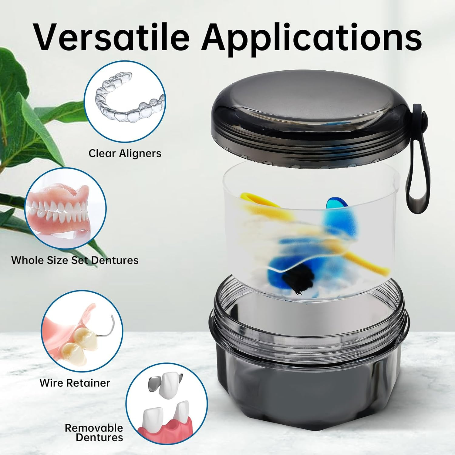 Leak Proof Denture Cups for Soaking Dentures with Strainer Basket and Brush, Par
