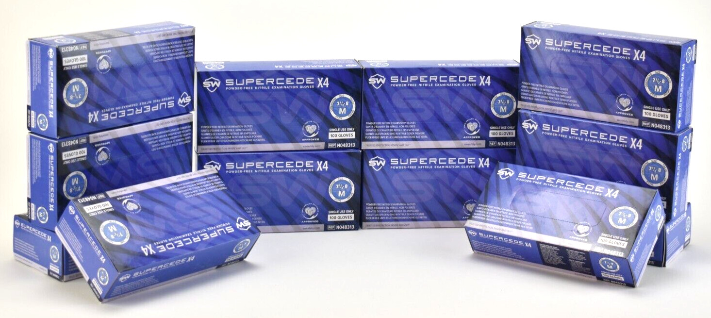 12 Boxes of 100 Gloves- SW Safety Supercede X4 Nitrile Exam Gloves, Size Medium