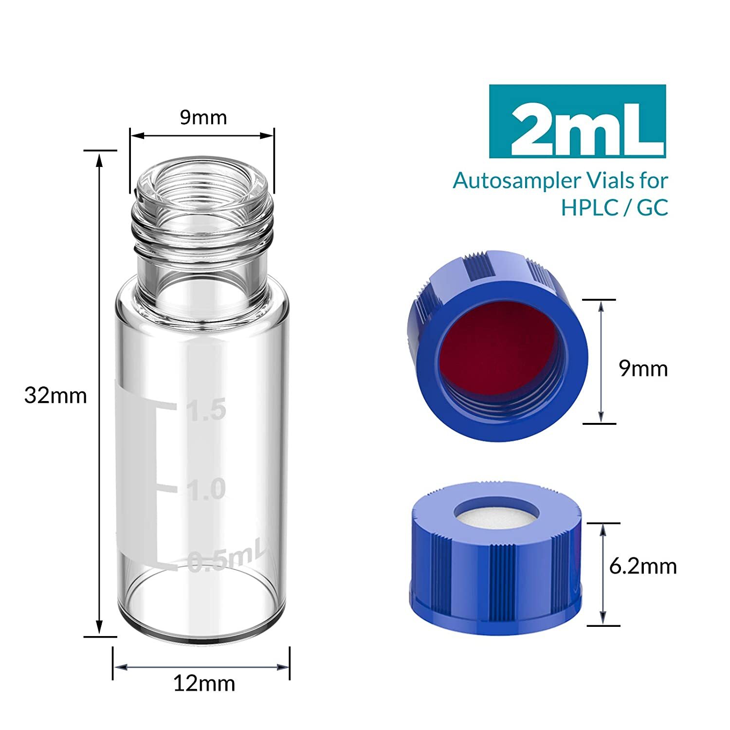 2ml Autosampler Vials Clear Glass Bottle Blue Screw Cap PTFE Septa 9-425